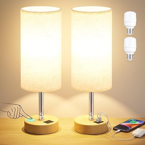 Touch Bedside Lamps Set of 2-3 Way Dimmable Table Lamps for Bedroom, Nightstand Lamp with Wooden Charging Station for Kids Room Dorm, Small Desk Lamp for Living Room, Office, Kids Room, Nursery