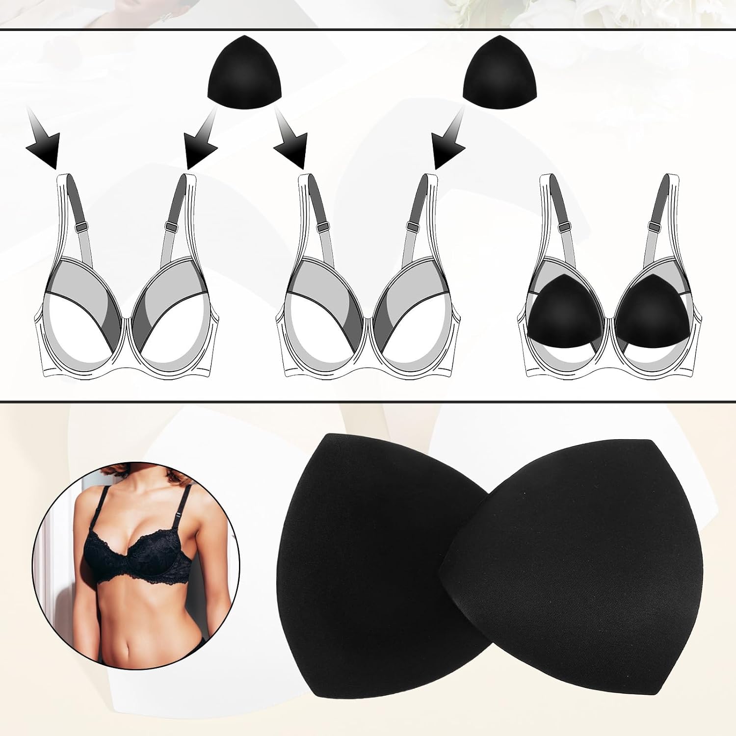 3 Pairs Bra Inserts Pads, Removable Triangle Sponge Bra Pads Triangle Bras Padding Washable Lift Up Bras Cups Inserts for Bathing Suit Swimsuit Black White Beige