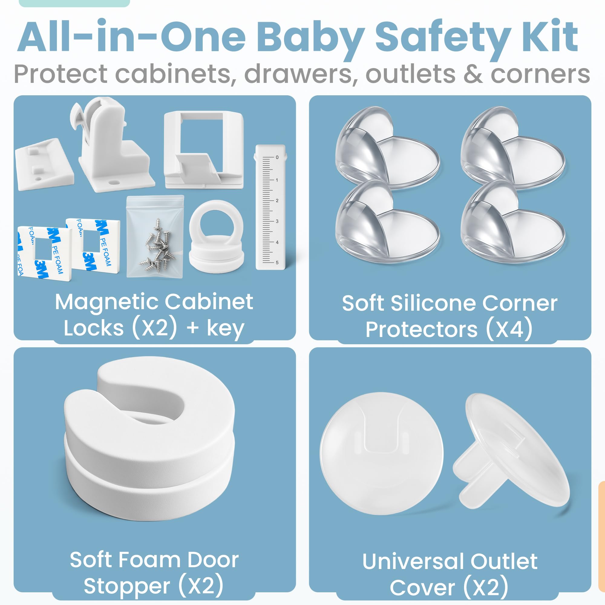 Kit di sicurezza per bambini – Serrature per armadi a prova di bambino, coperture per prese di sicurezza per bambini e protezioni angolari – installazione senza trapano mantiene i bambini al sicuro