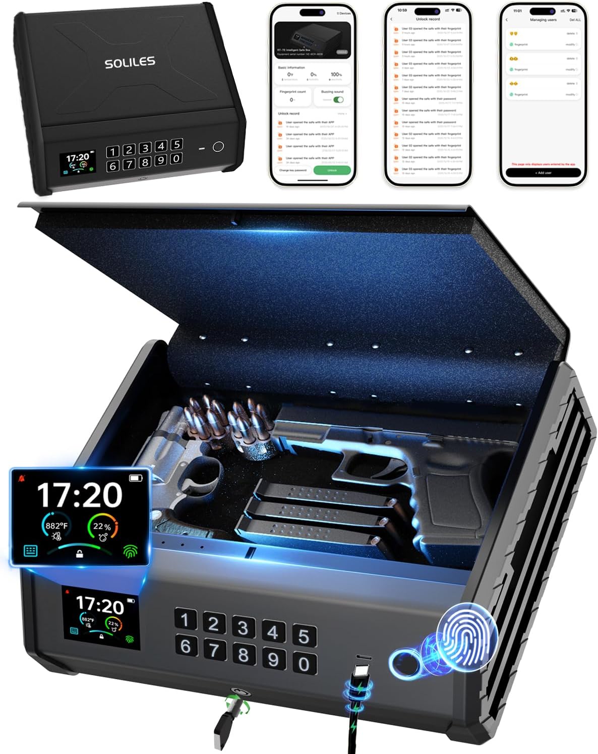 Gun Safe,3 Ways Biometric Pistol Safe with LCD Display of Temperature Humidity USB Port, Emergency Power Supply Gun Lock Box for Home Bedroom Bedside Nightstand and Car