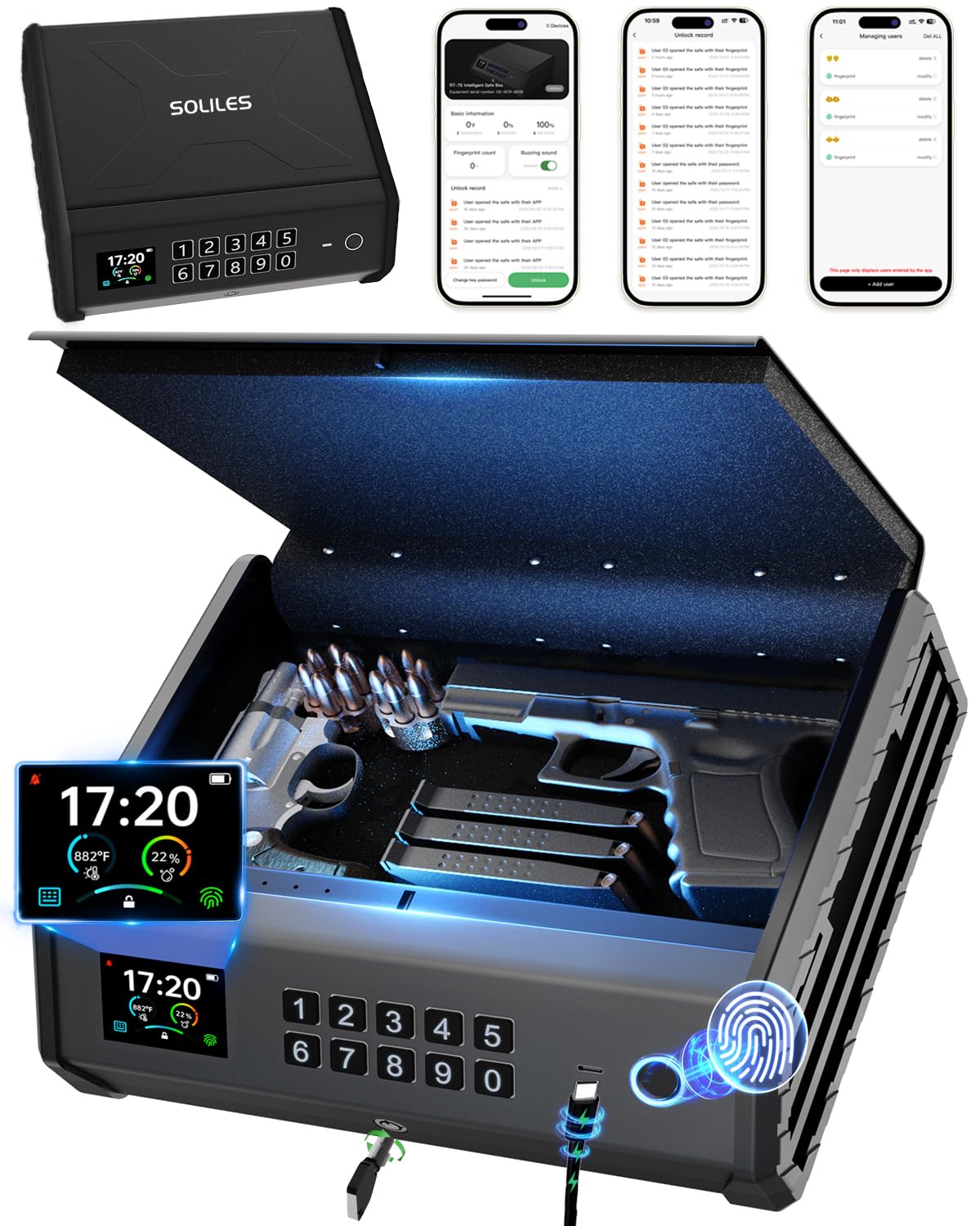 Soliles Black Smart Gun Safe, 4 Ways Biometric Pistol Rechargeable Safe With Fingerprint/Keypad/Key/App Lock, App Control, Lcd Display, Emergency Power Supply Handgun Lock Box For Home Bedroom, Car