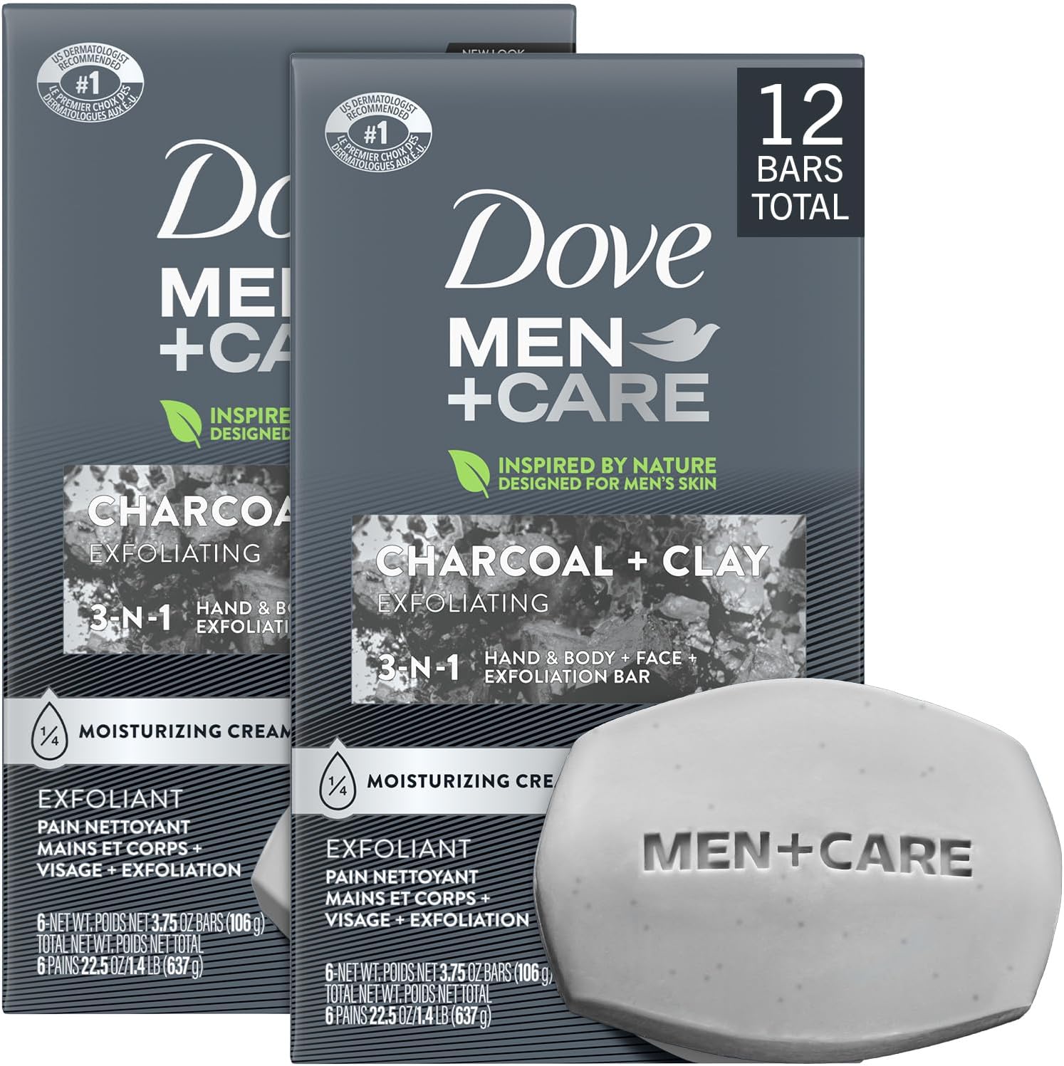Dove, Men Bar Soap Charcoal + Clay, 4 Ounce (Pack of 6)