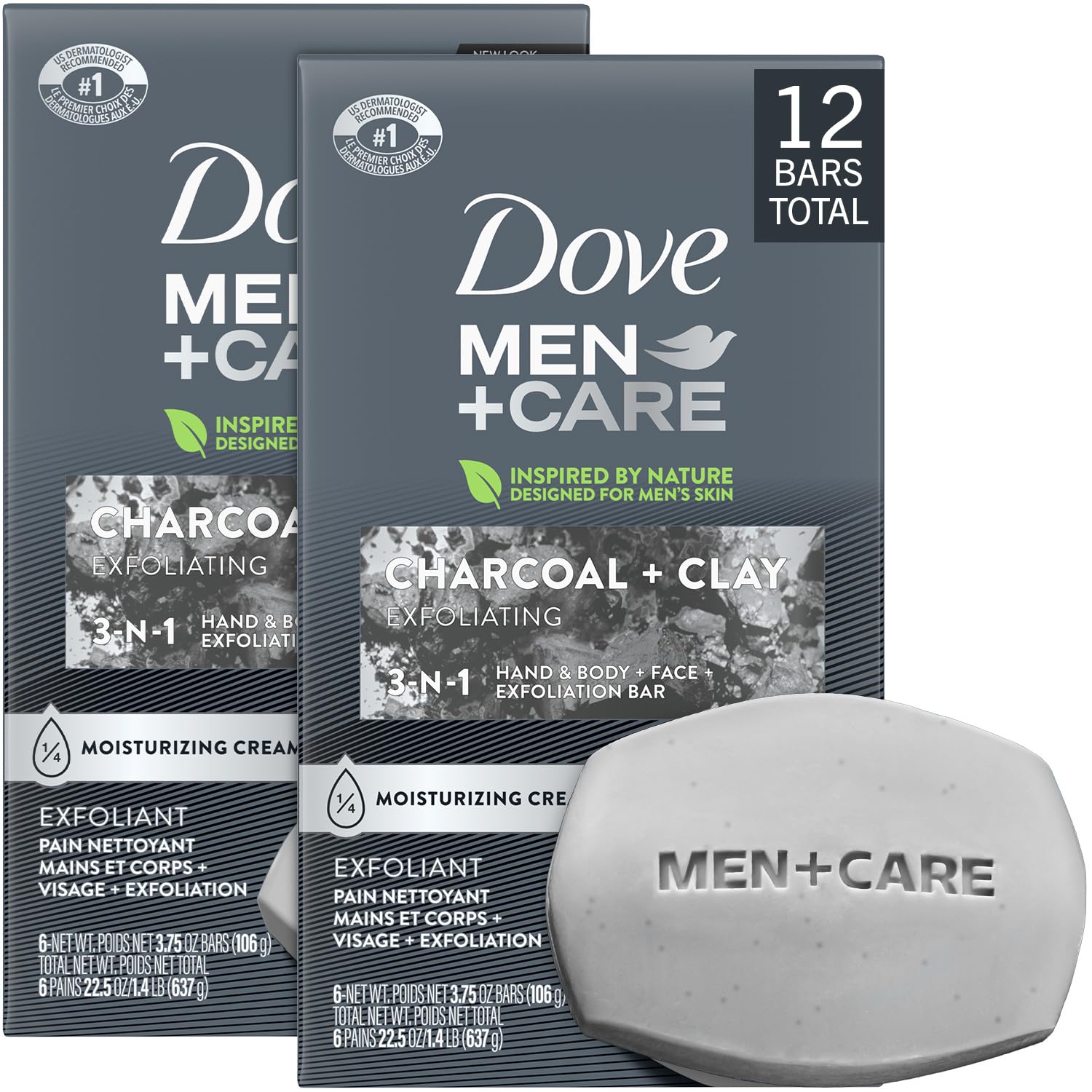 Dove Men+Care Body + Face Bar 2-Pack (12 Bars) – Exfoliating 3-in-1 Charcoal Soap with Clay for Skin Care, Hands & Shaving, 3.75 Oz Ea