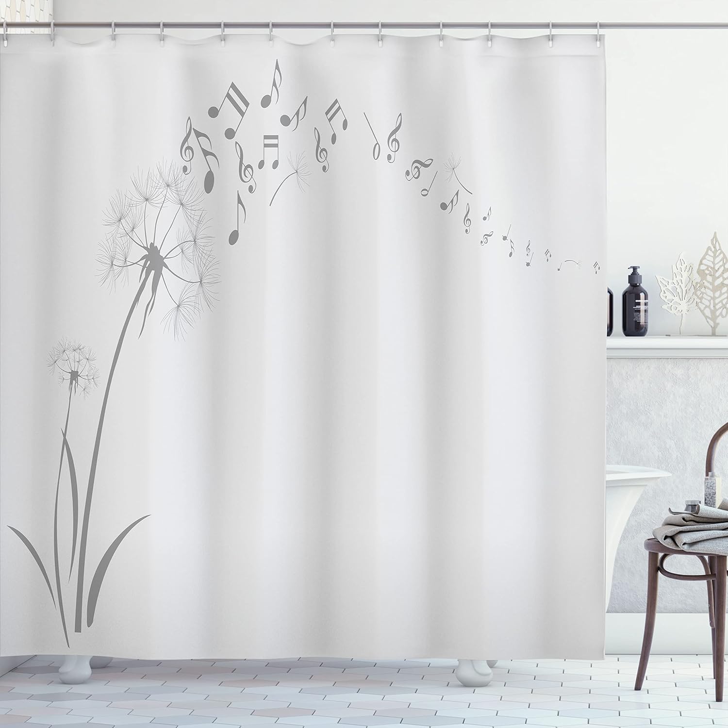 Ambesonne Music Shower Curtain, Flying Dandelions Notes Summer Spring Meadow Silhouette Softness Simple Print, Cloth Fabric Bathroom Decor Set with Hooks, 69" W x 70" L, Pale Grey