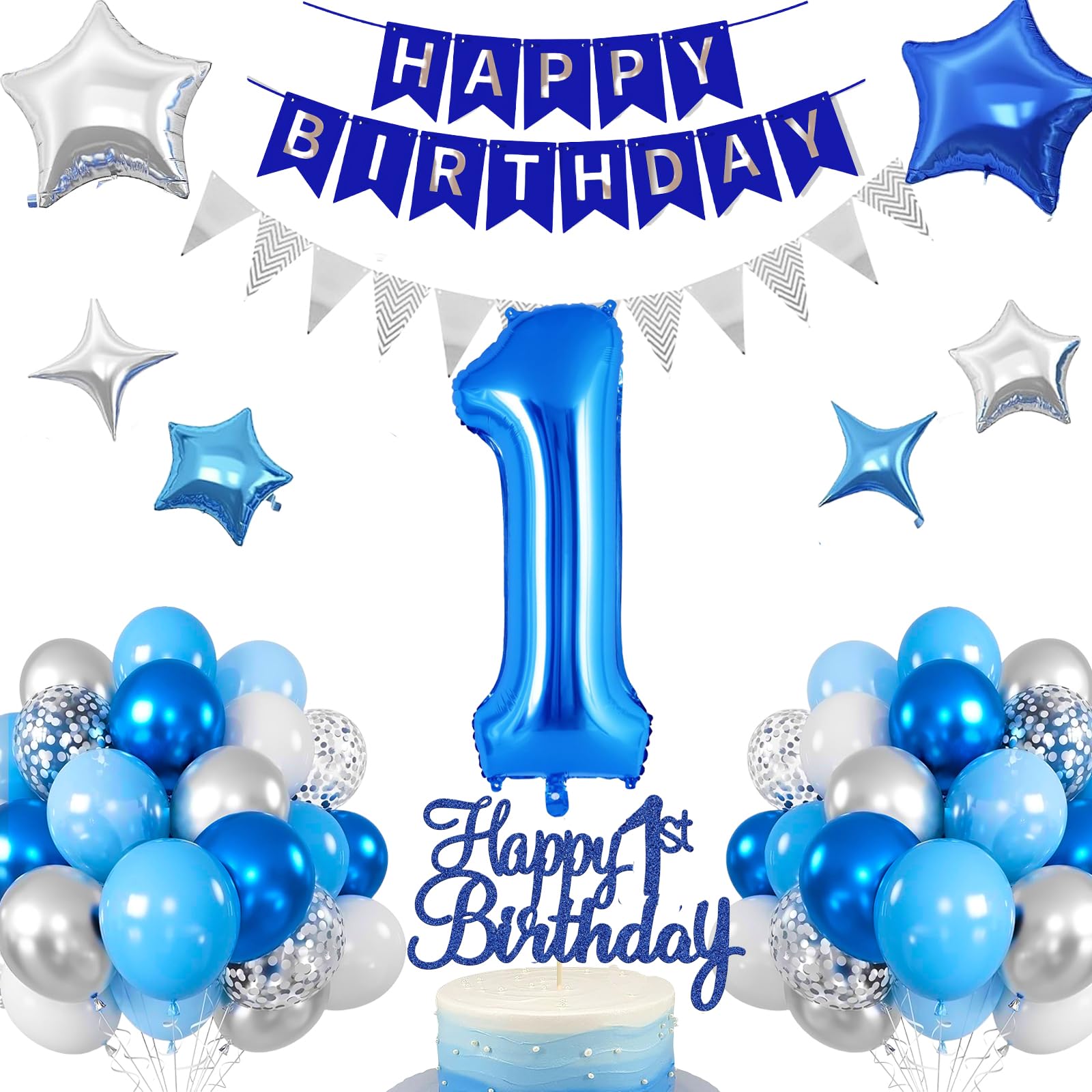 1.Geburtstag Dekoration Blau,Luftballon 1. Geburtstag,Geburtstagsdeko 1 jahre Junge,Folienballon Zahl Luftballon 1. Happy Birthday Girland Ballon 1 Deko zum Geburtstags