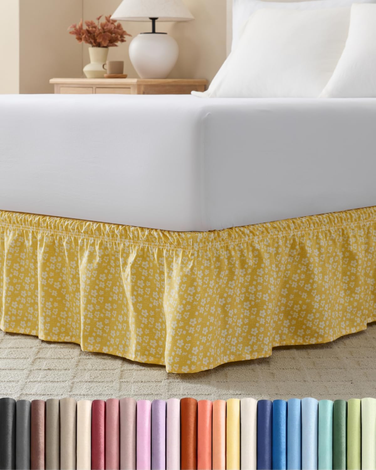 CGK Wrap Around Dust Ruffle Bed Skirt - Twin Size, 12" Inch, Yellow Meadow