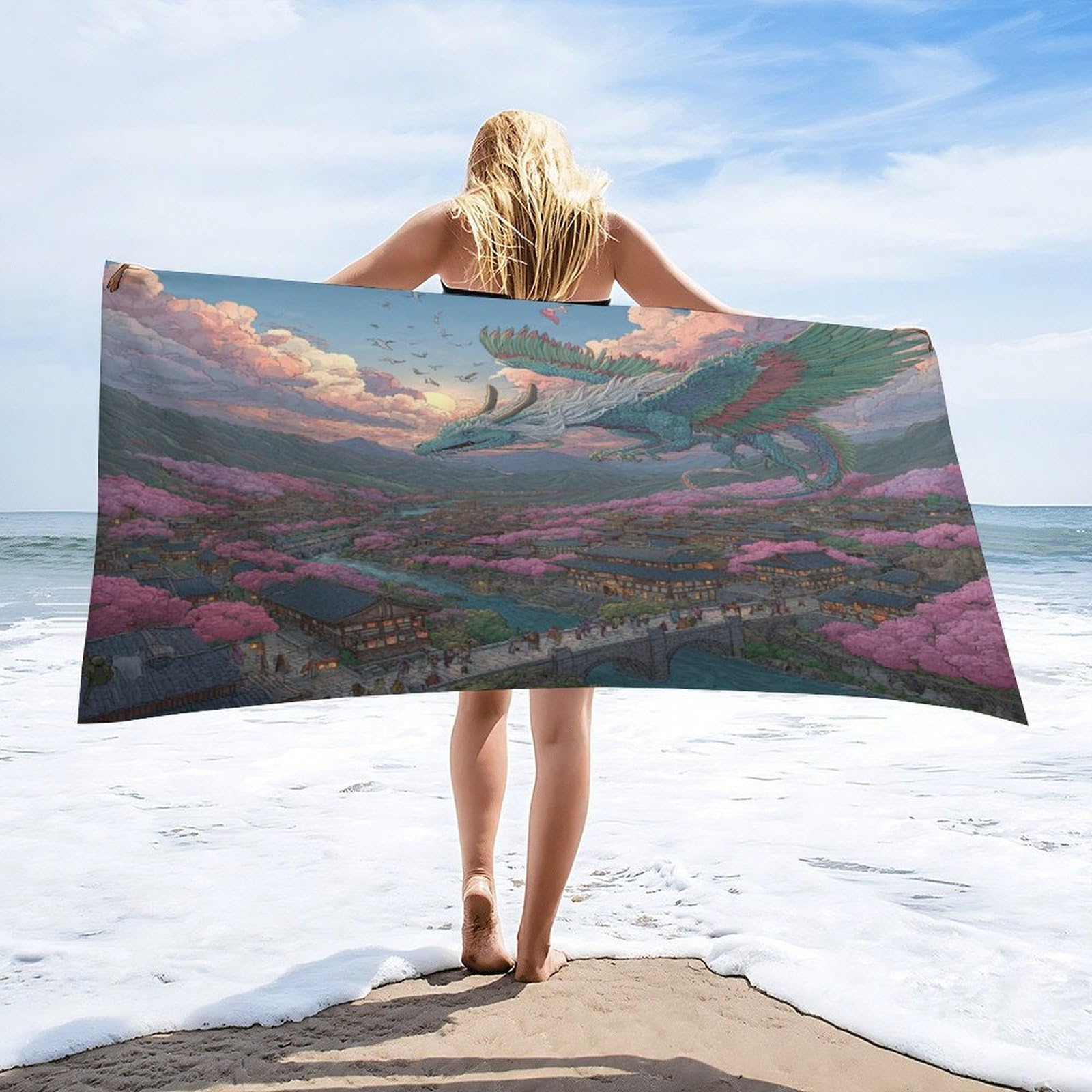 Luyysky Rustic Realistic Cool Dragon Quick-Drying Beach Towel, Retro Oil Painting Japanese Cherry Blossoms Mythical Animal Dragon Travel Vacation Single Sided Pile Bathroom Towels-80 W Cm X 160" L Cm