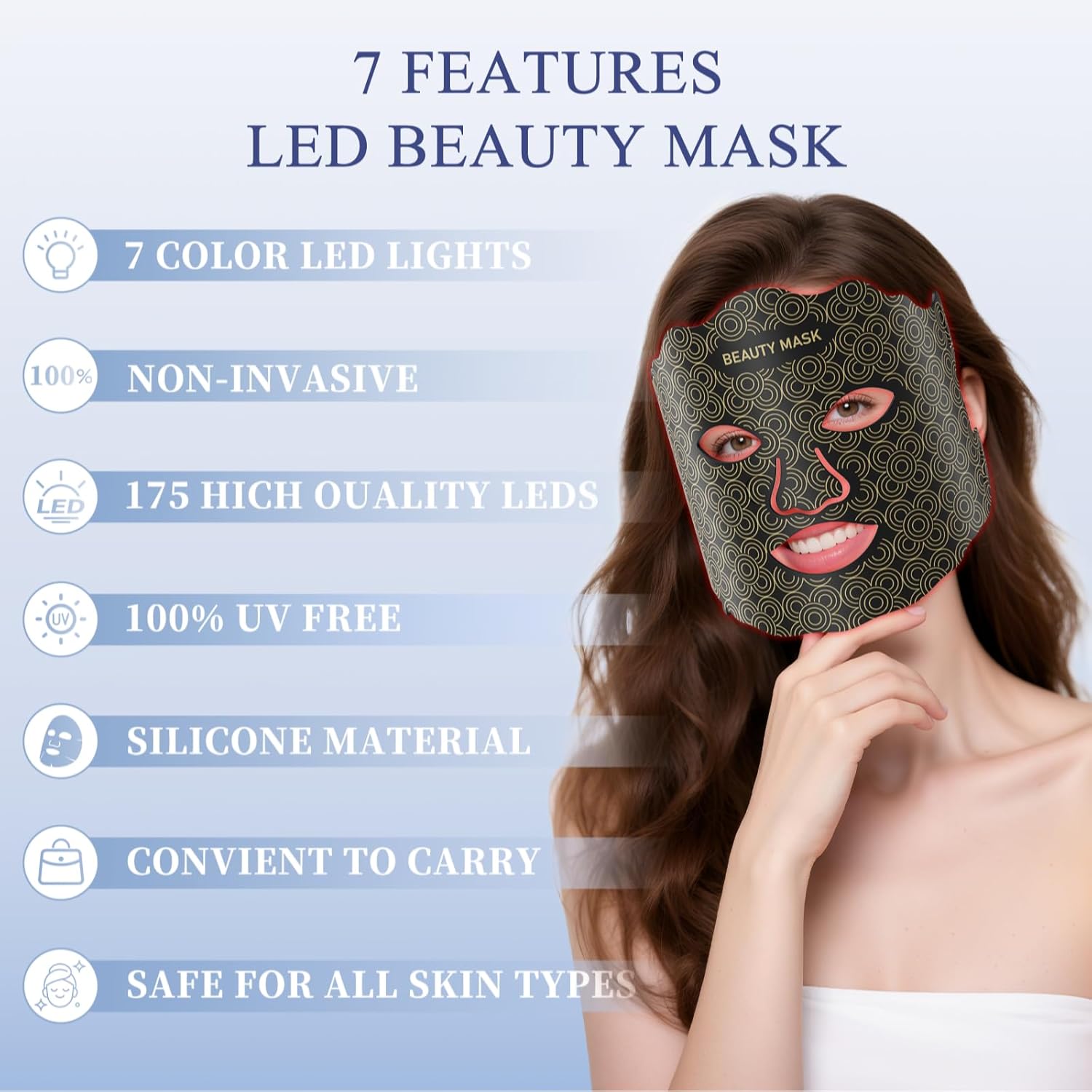Red Light Therapy for Face, 7-Color LED Red Light Mask and 95 LEDs, 3 Level Timer, Remote Control, Portable for Home & Travel, Gift for Women, Black, LED Light Therapy mask - Image 3