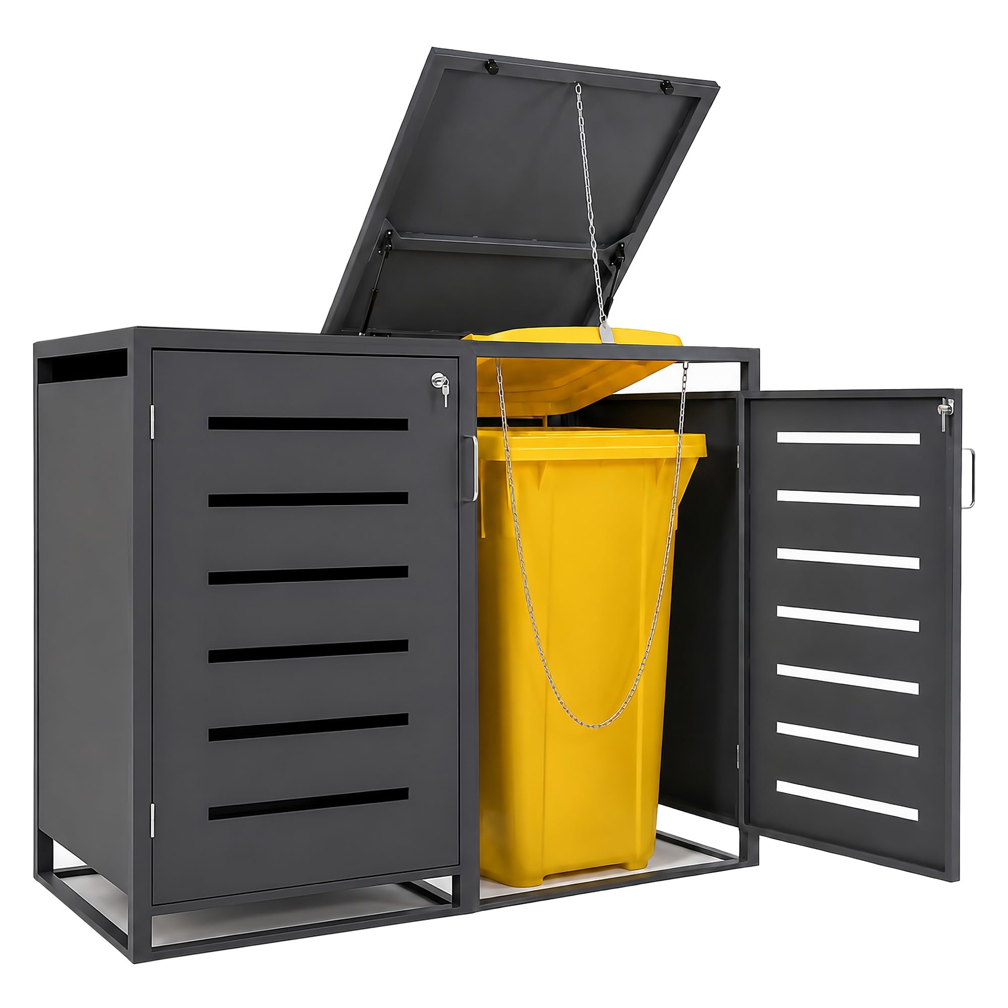Mega Holz Mülltonnenbox 3er Set, abschließbare Müllbox, je 240 Liter | Mülltonnenverkleidung für draußen, 198 x 80 x 117 cm, Mülltonnenverkleidung, 60 bis 240 Liter Tonnen, Stahl pulverbeschichtet