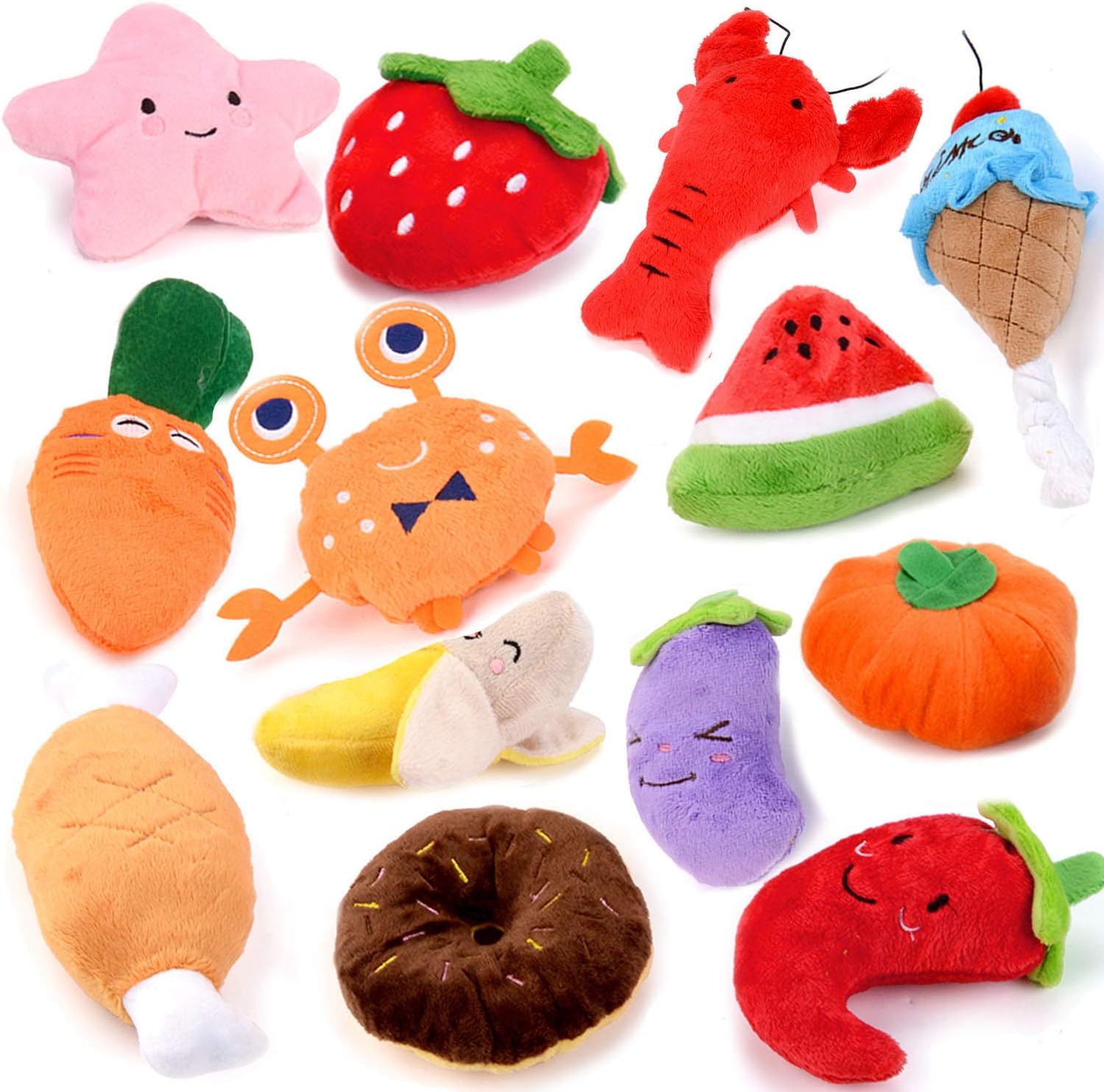 13 Pack Dog Squeaky Toys Cute Plush Toys Stuffed Fruits Vegetables Dog chew Toy Squeaky Dog Toys for Puppy Small Dog Pets