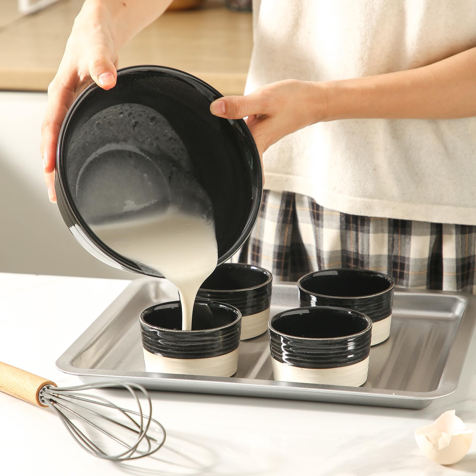 Hasense Ramekins - Juego de 6 platos de cerámica para hornear de 8 onzas, aptos para horno, cuencos de ramequines de soufflé de crema brulee para pudín, pastel de lago, pastel de olla, aperitivos,