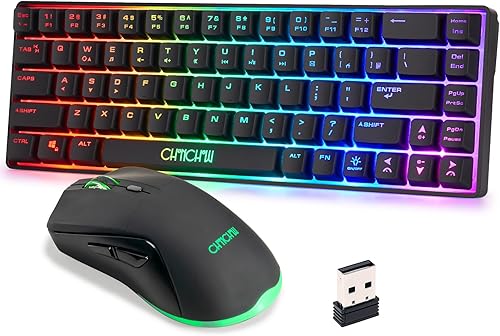 CHONCHOW 60% Combo de Teclado y Ratón Inalámbrico para Juegos, Batería Recargable con Luz LED de 2000mAh, Teclado Portátil de 68 Teclas Impermeable