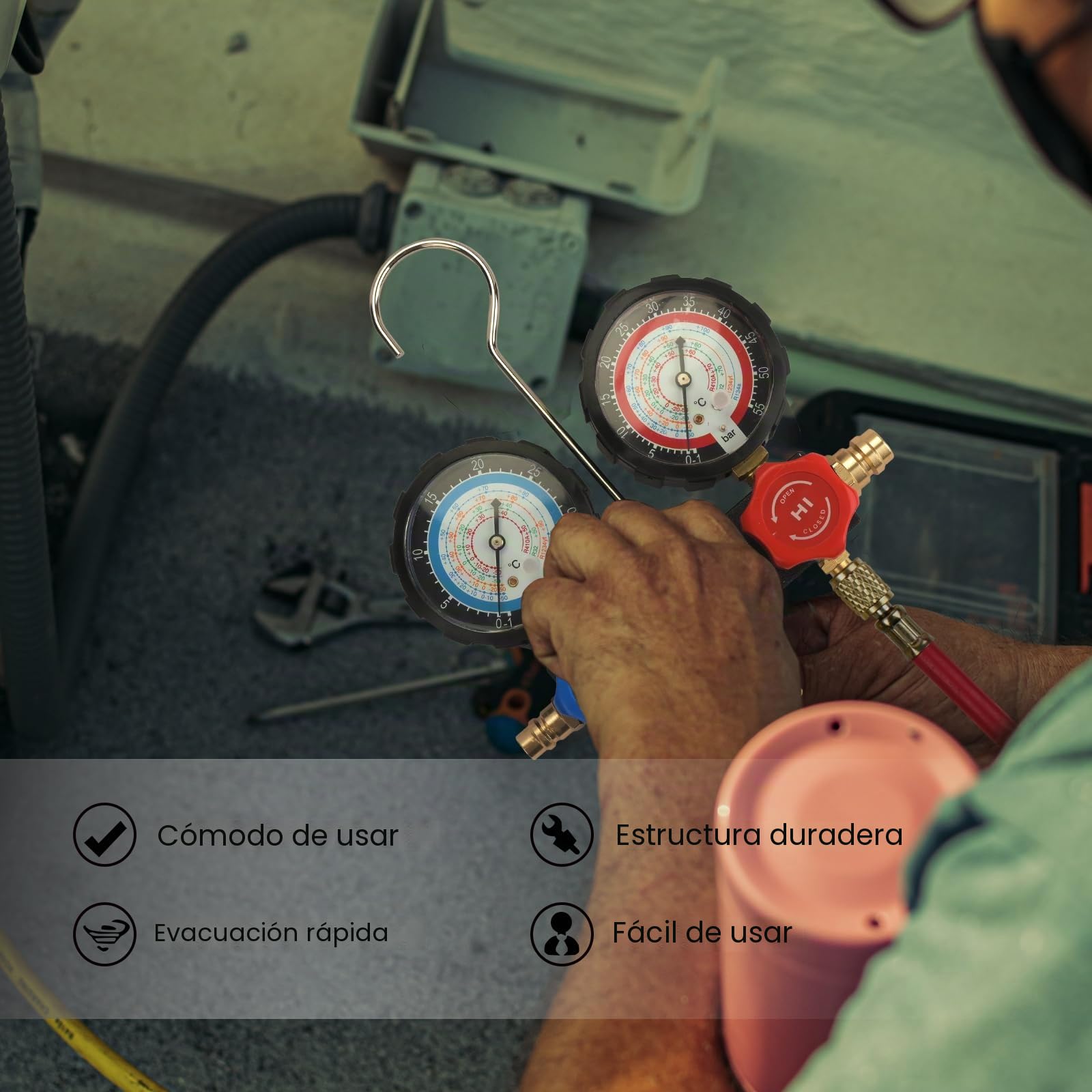 BACOENG Juego de Manómetros aire Acondicionado de 3 Vías con Mangueras de 150 cm, Manómetro Profesional HVAC Compatible con R1234YF R32 R134A y R410A, para Reparación de AC en Automóviles y Hogar