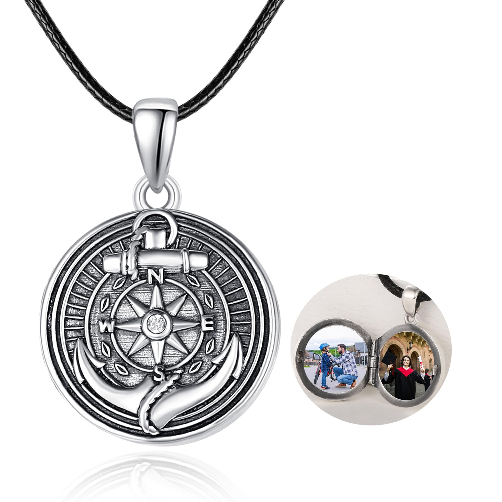 TANGPOET Personalized Compass Locket Necklace for Men Women 925 Oxidized Silver Lockets Necklace that Holds Two Pictures Memorial Photo Jewelry Birthday Christmas Fathers Day Graduation Gifts