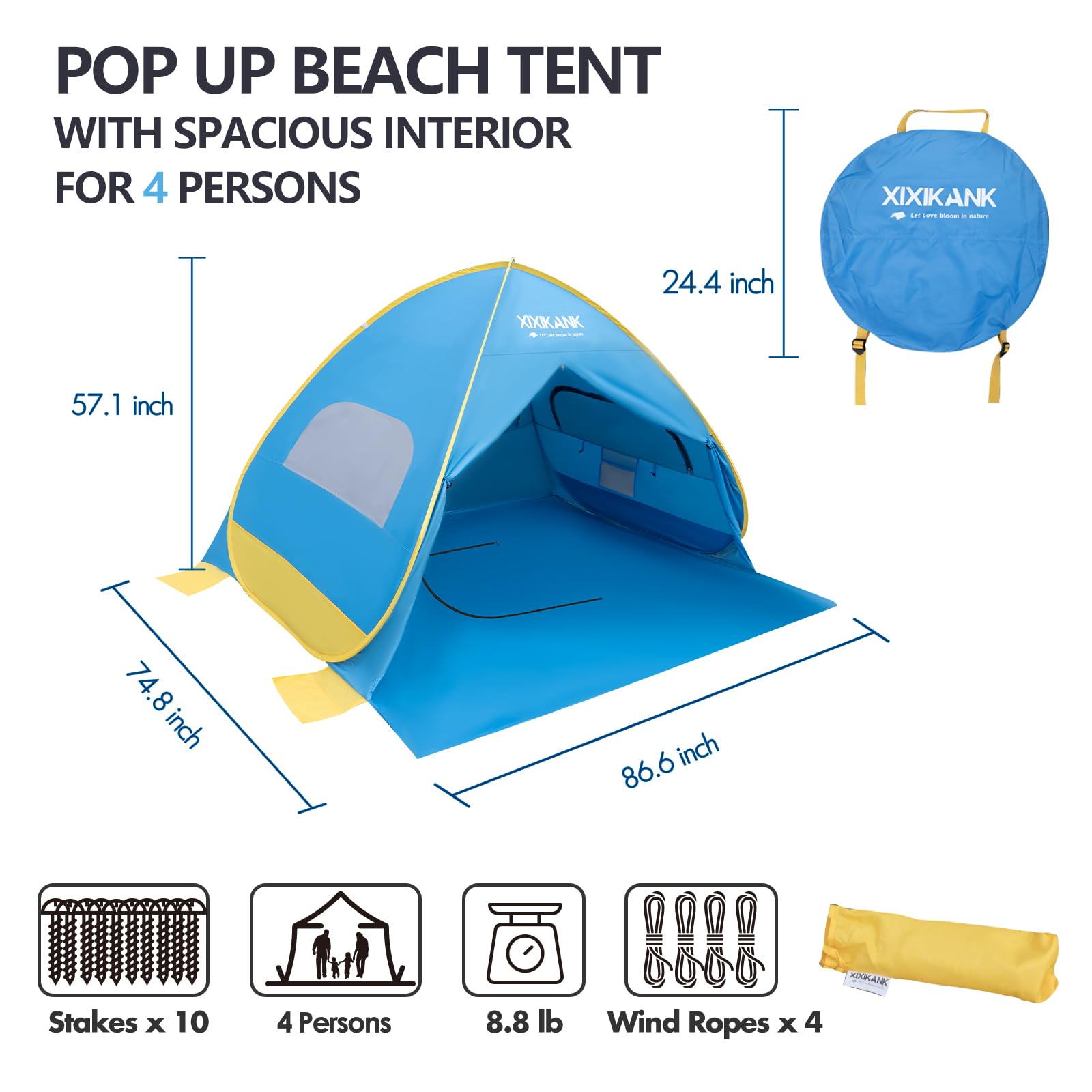 XIXIKANK 2 Second Easy Setup Pop Up Beach Tent for 4 Person,UPF 50+ UV Protection Beach Shade, Wind Resistant Sun Protection Sun Shelter,Portable Lightweight Tent for Beach Cabana with Handy Carry Bag