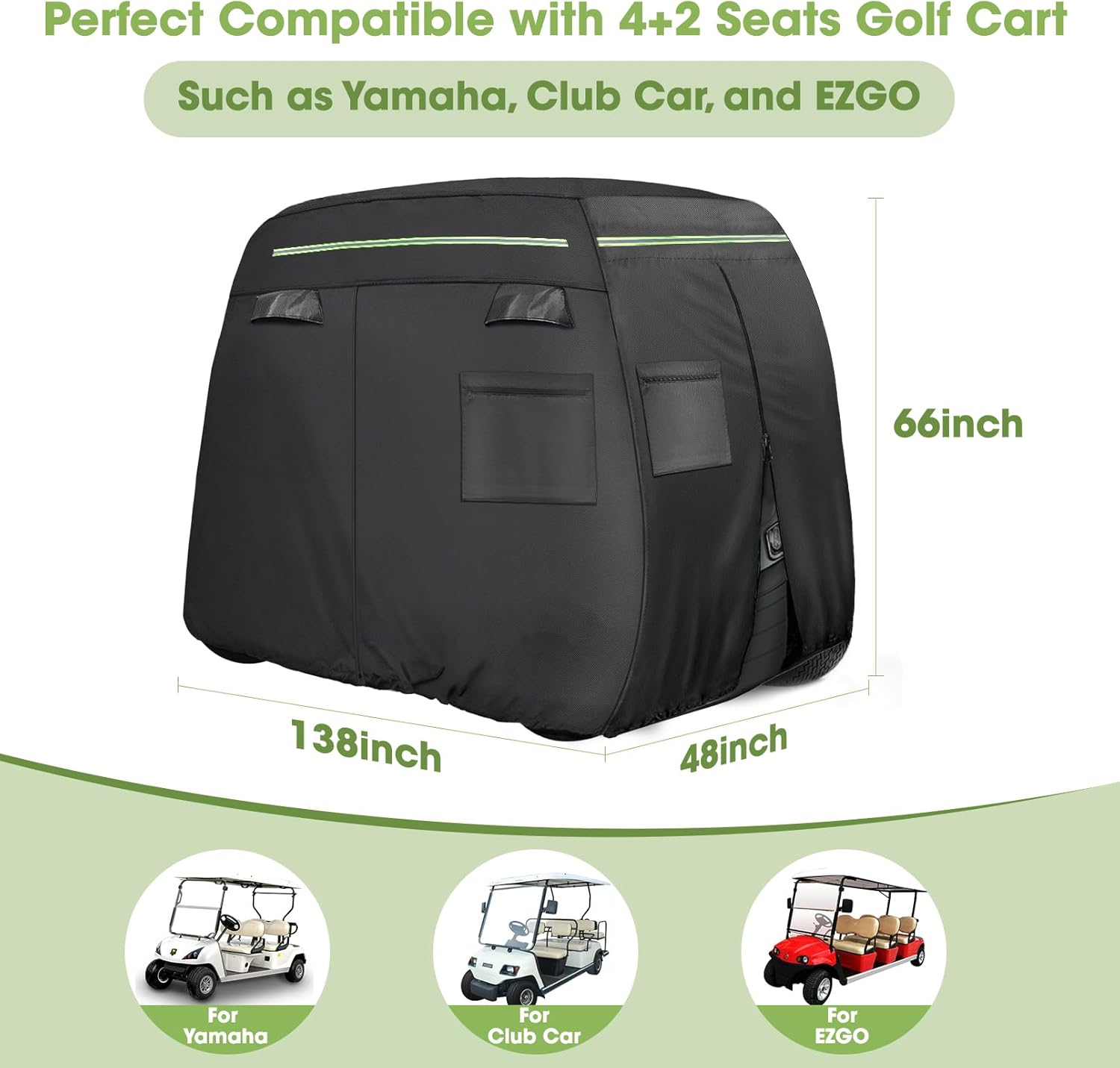 Golf Cart Cover 2/4/4+2 Passenger Heavy Duty Universal Fit for Yamaha EZGO Club Car, 600D Waterproof Windproof Sunproof Golf Cart Seat Covers with Reflective Strips, Zippered Pockets, Zipper Doors
