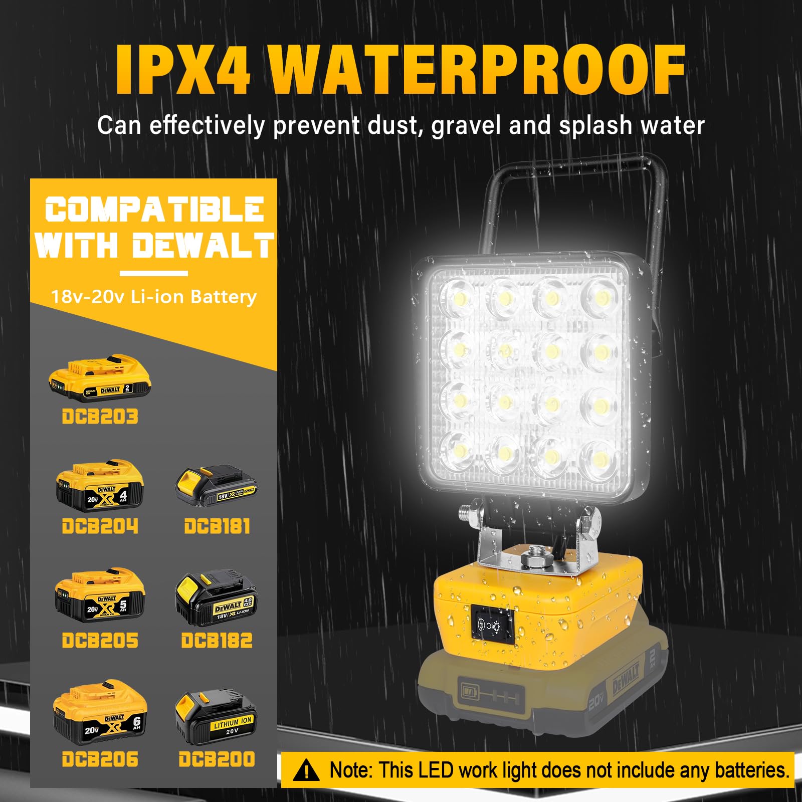 Willpower Foco LED para Batería Dewalt 18V, Luces de Trabajo Portátiles Recargables, 48W 4,800LM, Lámpara LED para Camping Pesca Emergencia con Conector de Tipo C y Carga USB (Sin Batería)