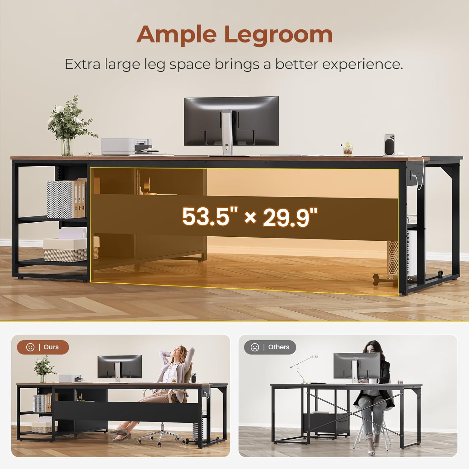71" Executive Desk, Large Office Desk with Widen File Drawers & Power Outlets, Reversible L Shaped Computer Desk Corner Desk with Storage Shelves, CPU Stand, Hooks, Business Furniture (Walnut)