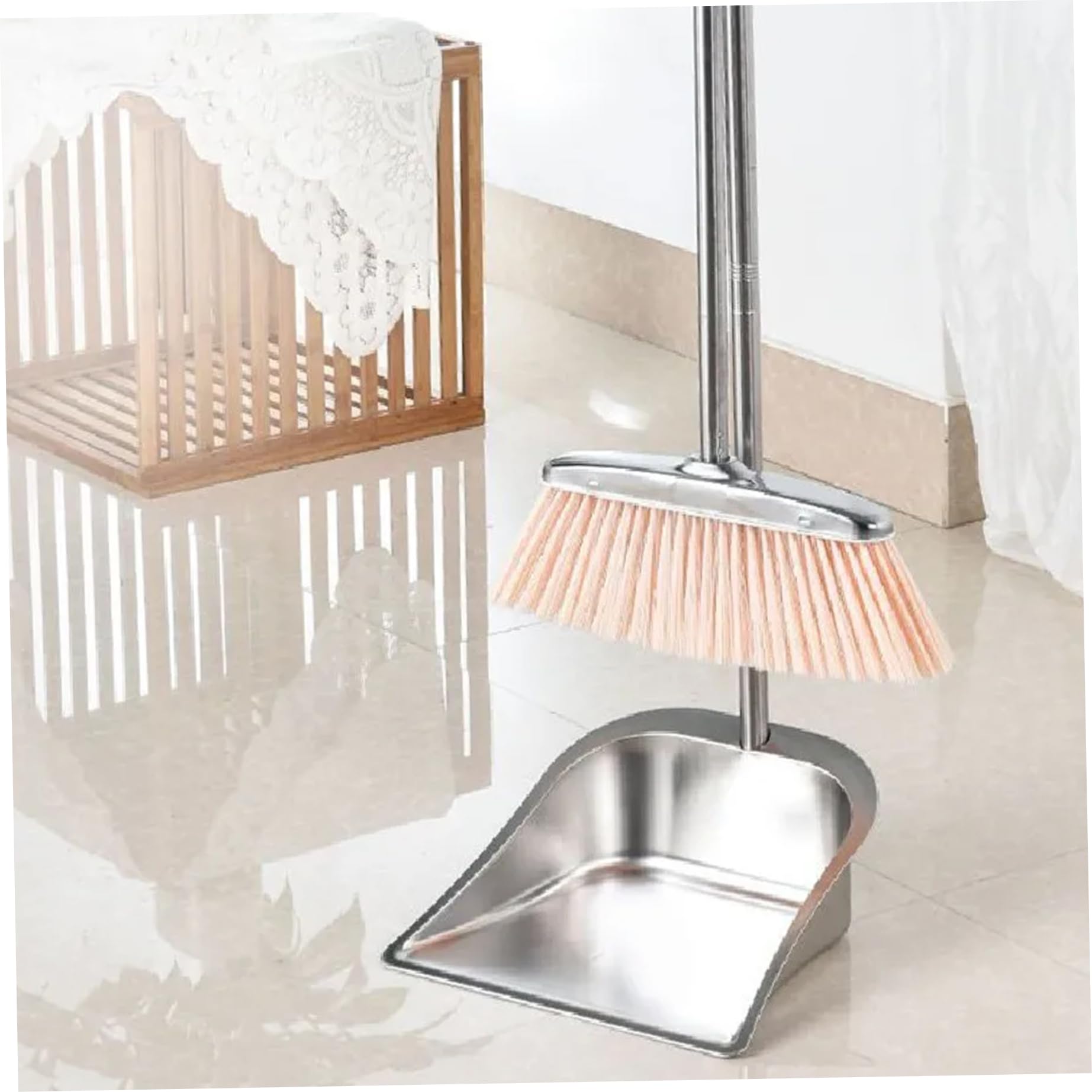 Juegos de recogedor y Cepillo Recogedor y Cepillo de Mango Largo de Acero Inoxidable Barrido Vertical Resistente con aro Colgante para Limpieza Interior del hogar Forma Cuadrada