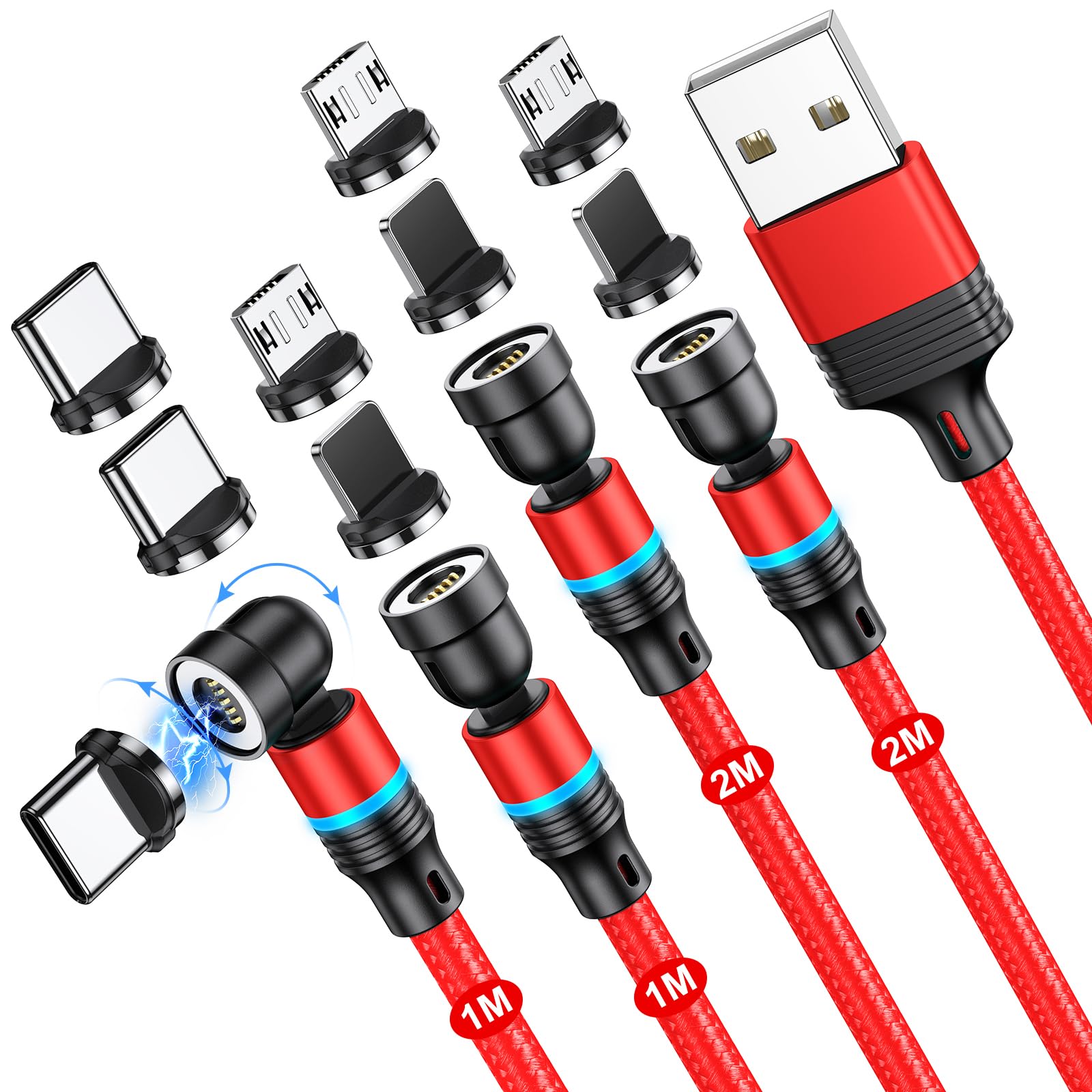 3er Pack Magnet-Ladekabel (1m+1m+2m) – USB C & Micro USB 2-in-1, 3A Schnellladung, Mit LED