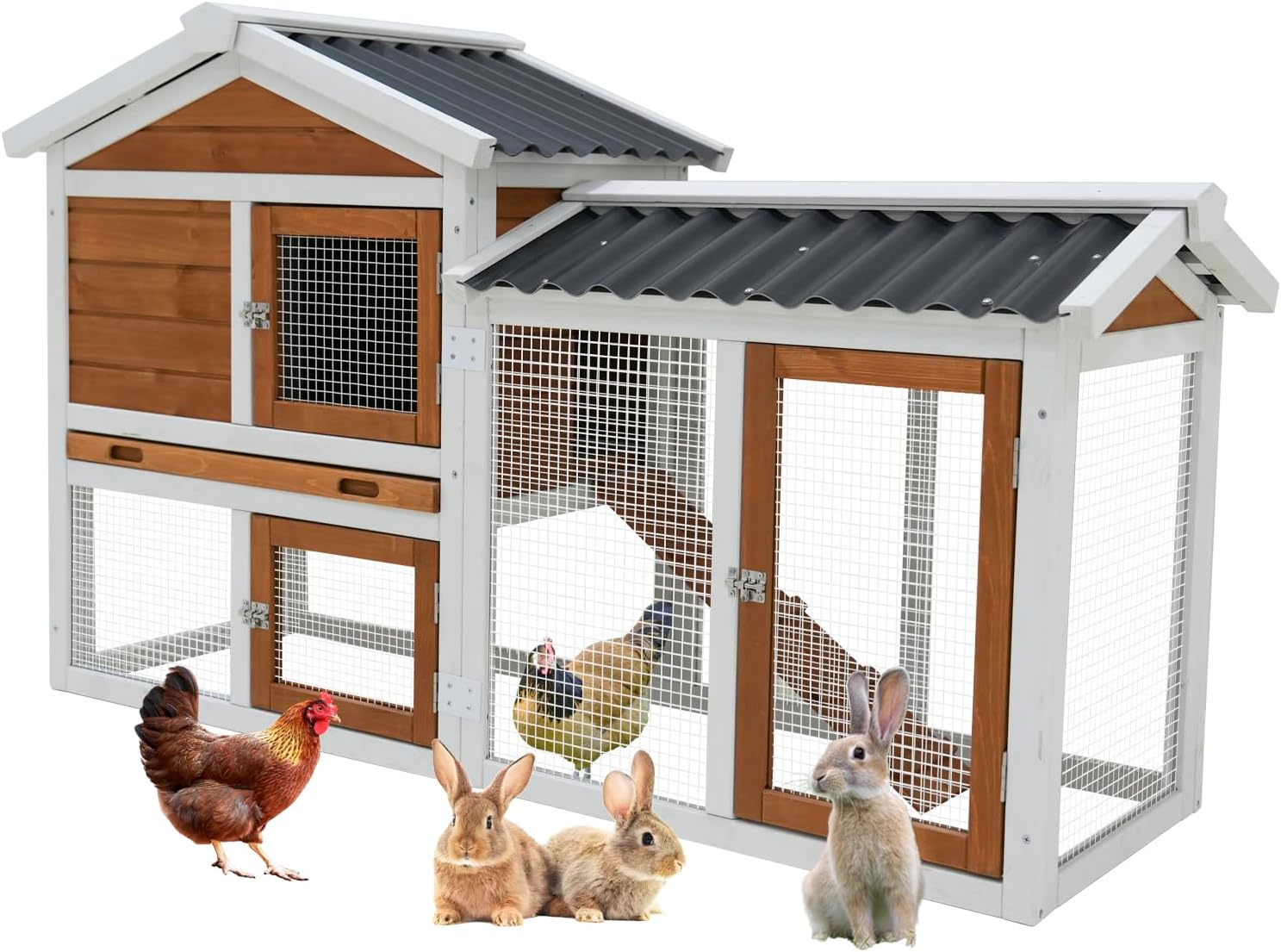 58" Wooden Outdoor Indoor Roof Waterproof Bunny Hutch Rabbit Cage Guinea Pig Coop PET House for Small to Medium Animals with Stairs and Cleaning Tray (Orange-Yellow + White + Solid Wood)