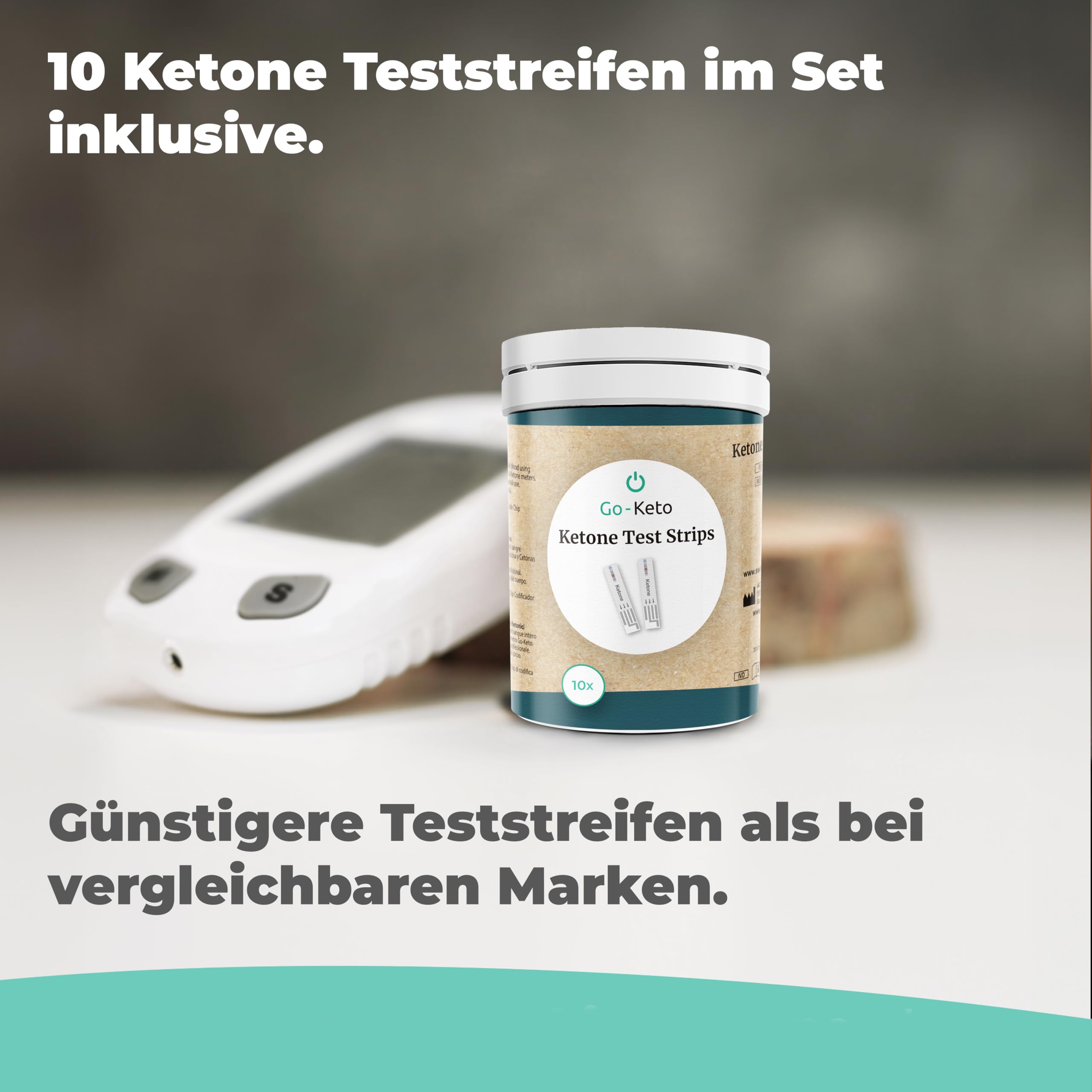 Go-Keto Ketone Messgerät (mg/dl) Starterset – Keto Meter mit 10 Ketone Teststreifen – Ketose einfach messen für Keto Diät