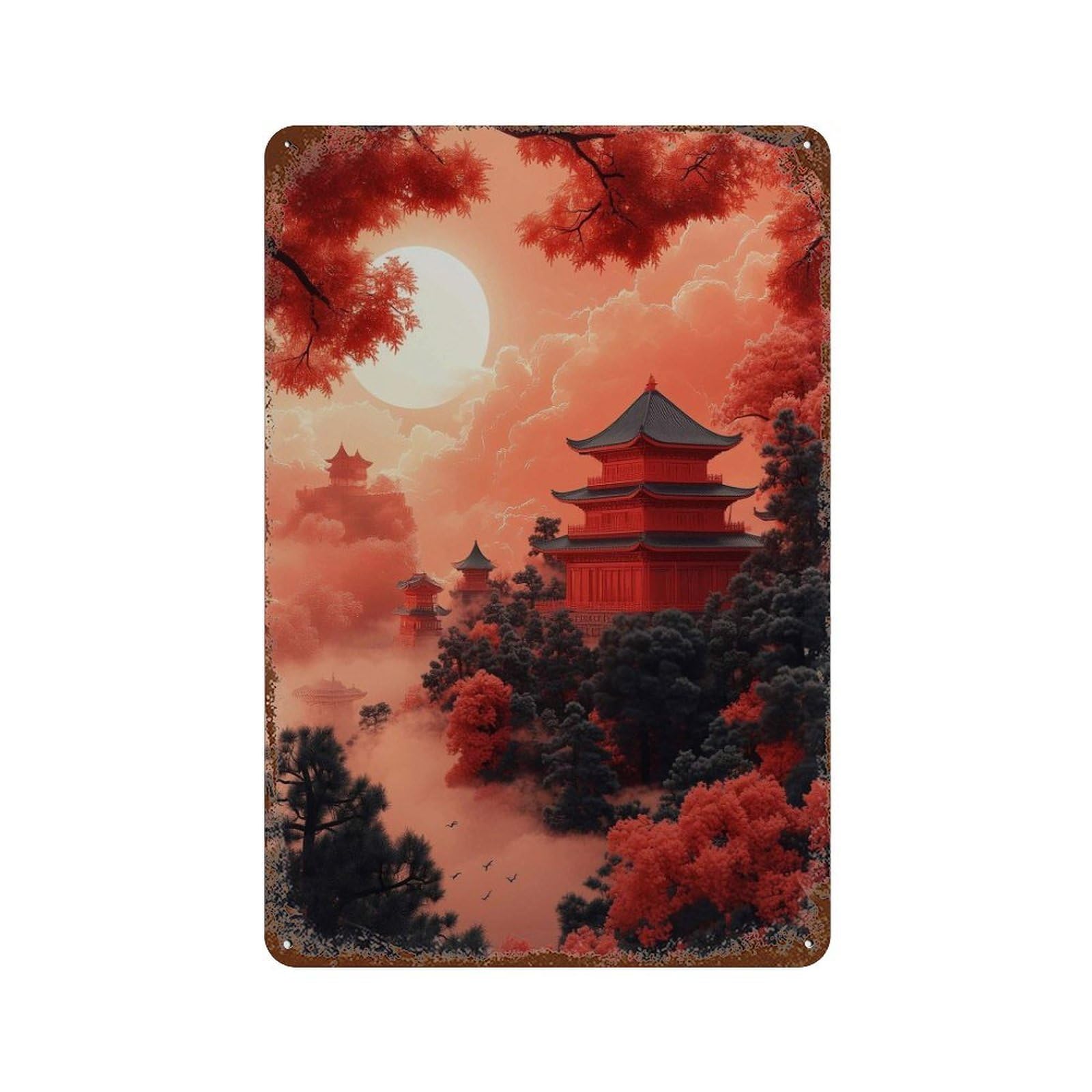 xiaoxiaoshen Red Japanese Temple Asian Landscape Pagoda Sun Misty Mountains Dramatic Oriental Wall Decor Art Metal Tin Poster Modern Home Decor Art Home Bar Shop Decorations Vintage Sign 30x20cm