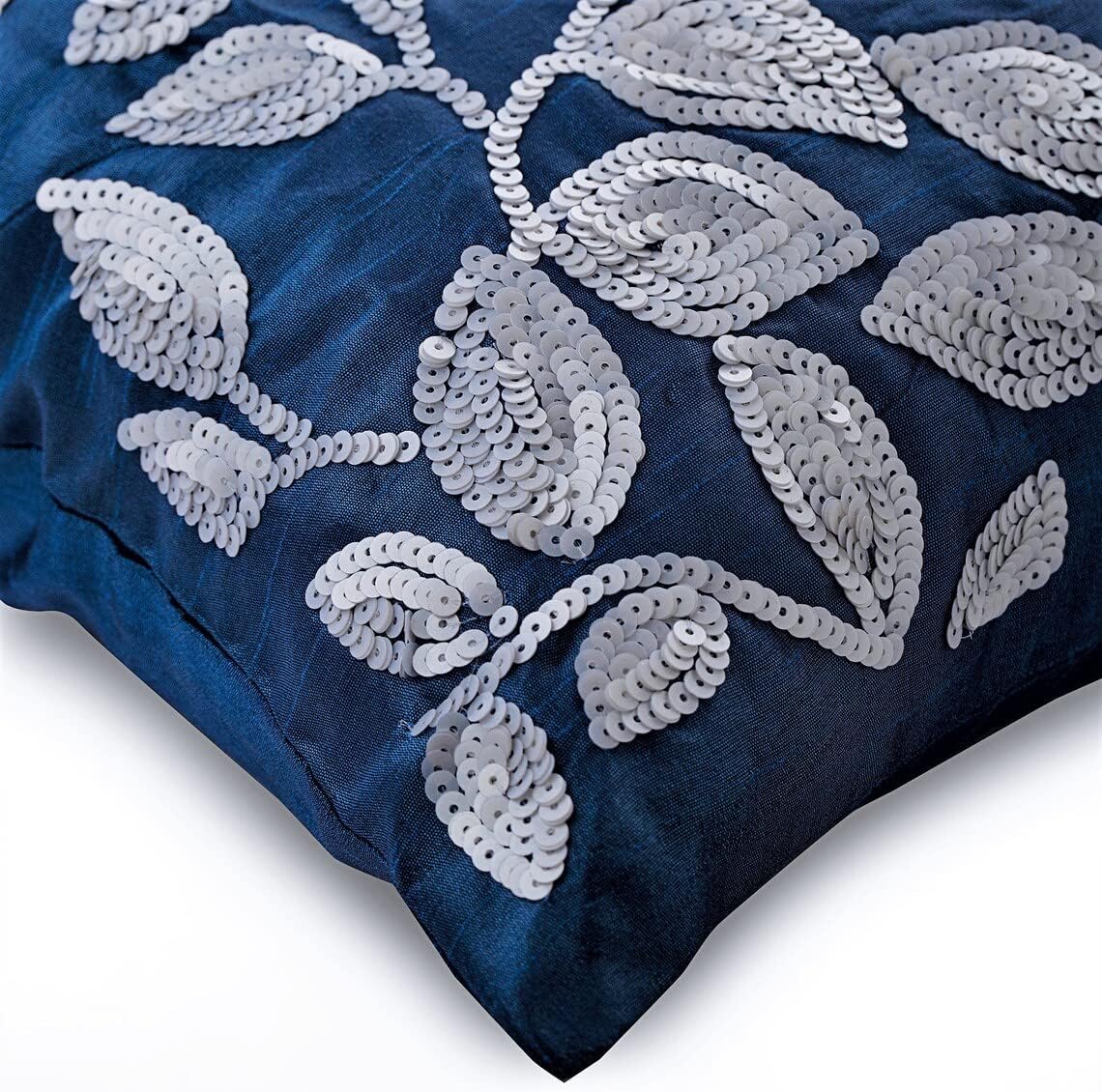 The HomeCentric Cushion Cover Custom, Decorative Royal Blue Euro Shams 26x26 inch (65x65 cm) Silk European Pillow Shams, Nature & Floral, Leaf, Sequins Embellished, Modern Euro Size - Royal Song