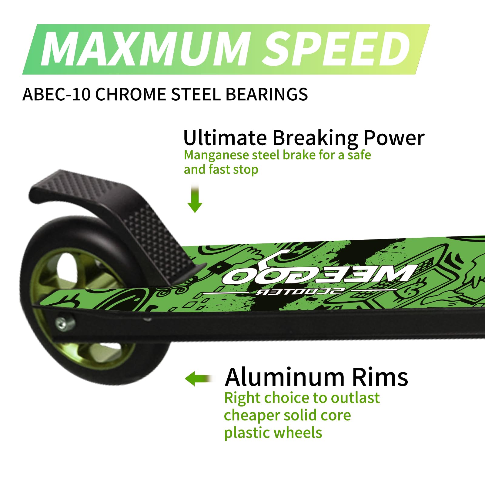 MEE GOO Patinete Pro Freestyle ABEC-10 de aleación ligera con rueda de aleación de aluminio, marco de hasta 100 kg para principiantes y avanzados, skatepark