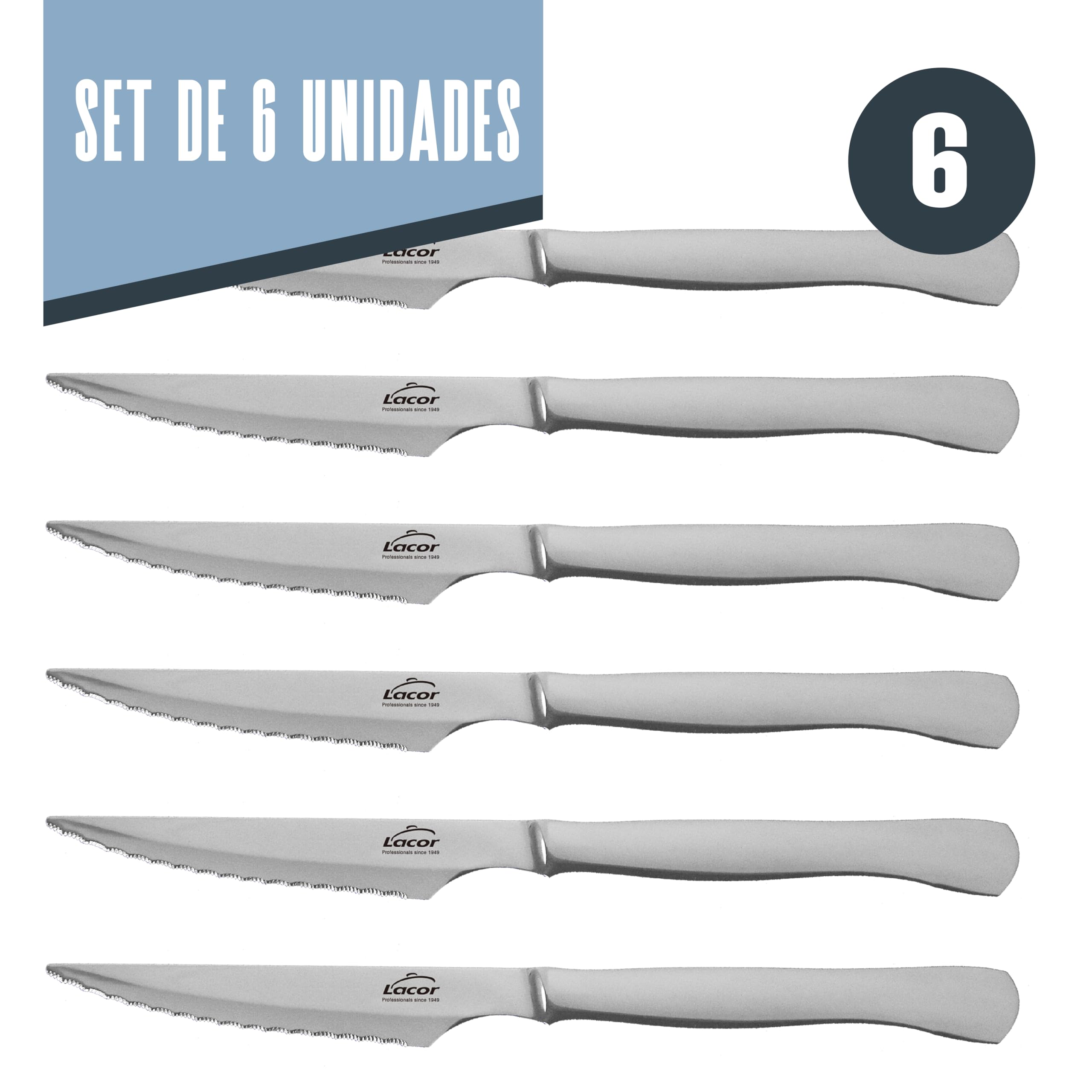 LACOR - 38241 - Set de cuchillos Monoblock,Filo serrado,Acero inoxidable, 6 piezas, 22 cm, Mango ergonómico