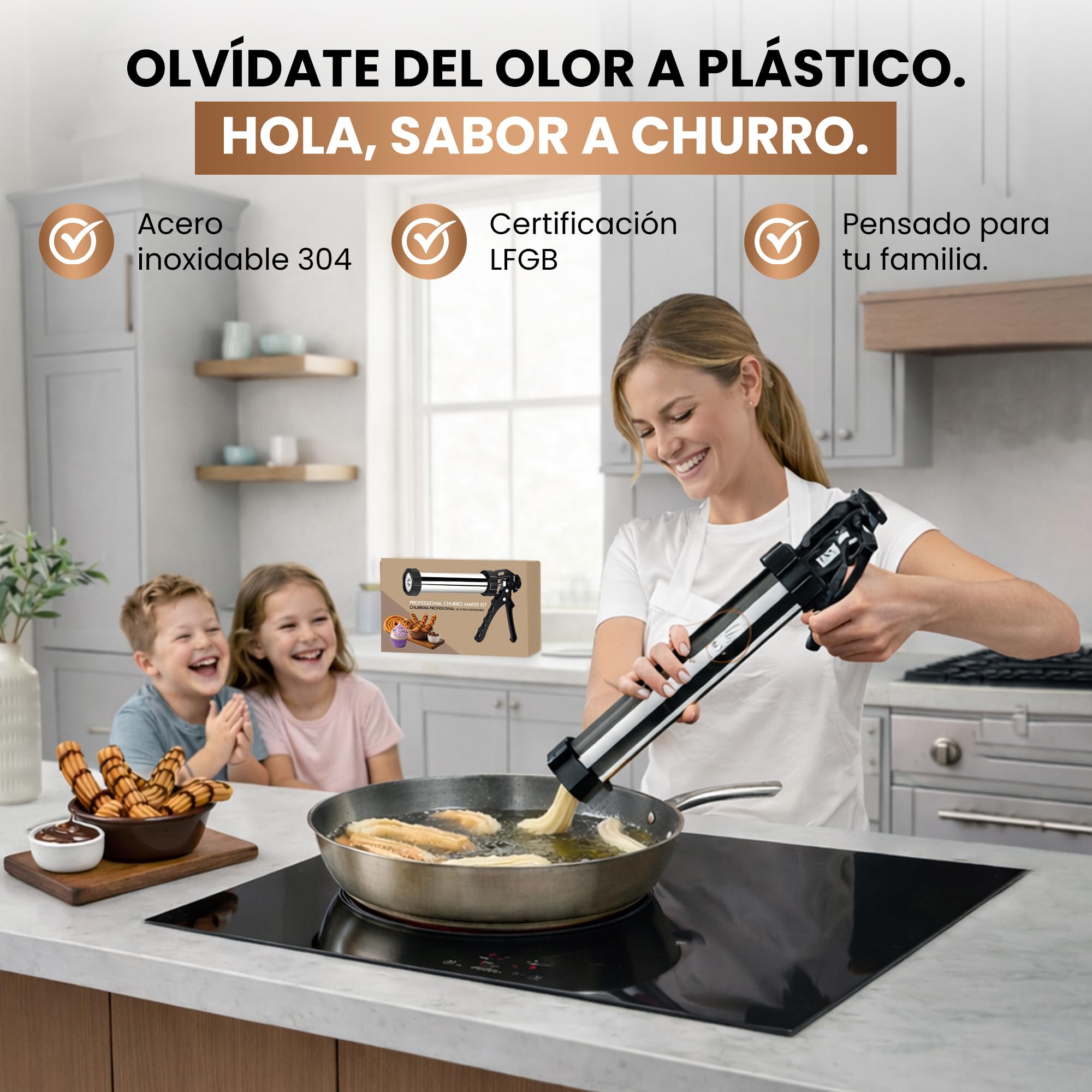 Churrera profesional de acero inoxidable 304 sin BPA y certificada por la UE – Kit para churros, porras y galletas con manga pastelera 41 cm, 12 discos, 7 boquillas y recetas online — view 3