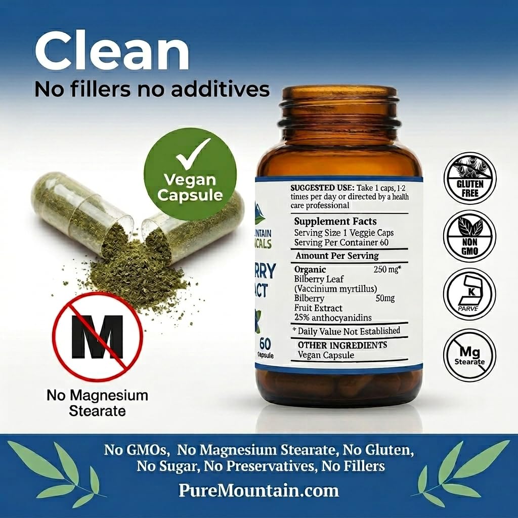 Pure Mountain Botanicals Bilberry Extract Supplement - 60 Vegan Kosher Capsules - 250mg Organic Bilberry Leaf and 50mg Extract with 25% Anthocyanidins - Eye Health Support — Amazon image 4