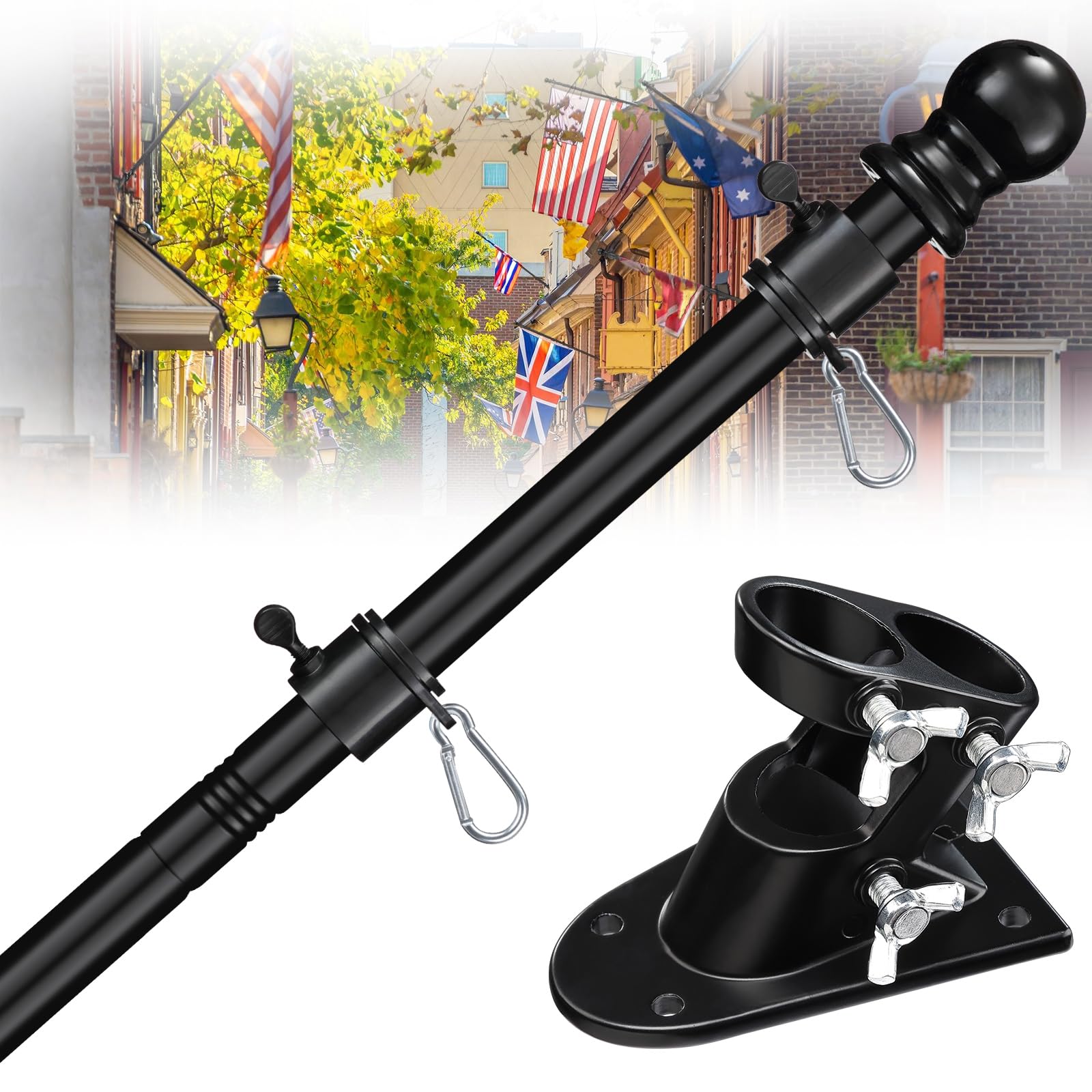 cogardenshower House Flag Pole Kit - 5ft Tangle Free Flag Pole Holder for Outside House - Heavy Duty Stainless Steel Flag Poles for 3x5 Flags Outdoor,Metal Porch Flagpole with Bracket - Black