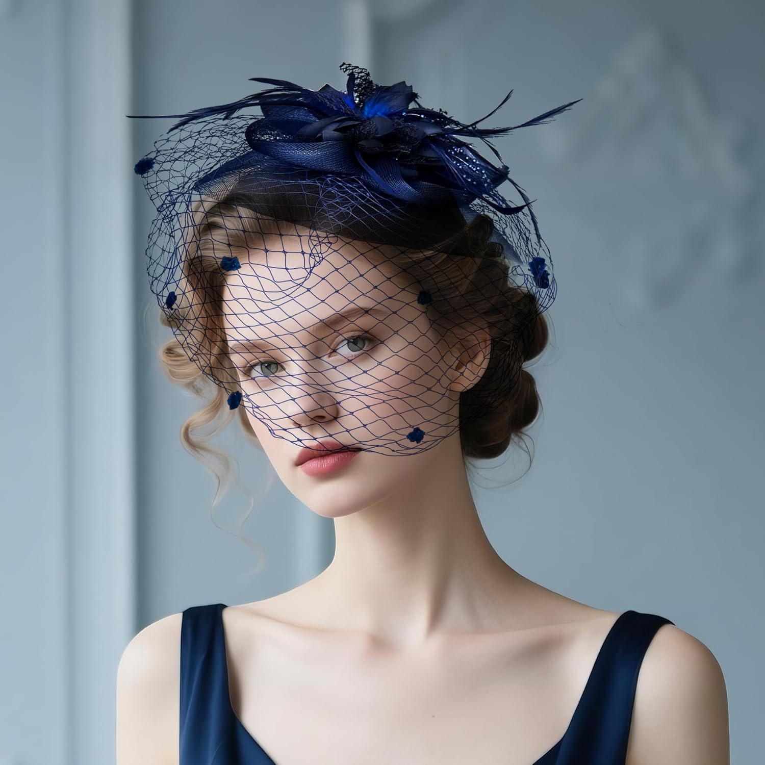 7Pcs Fascinators for Women,20s 50s Tea Party Fascinator Hats for Women,Feather Pearl Veil Tea Party Hats and Jewelry Set - Image 3