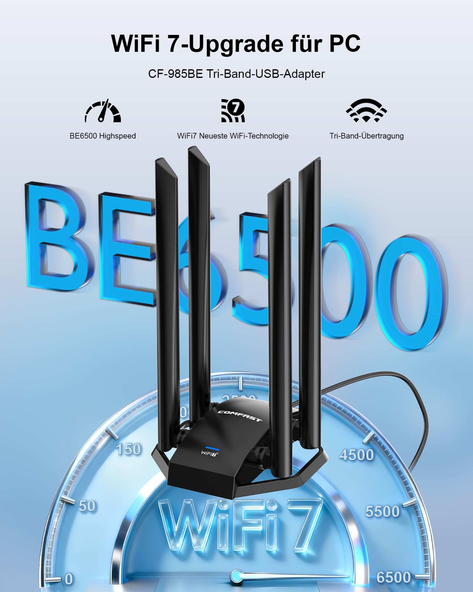 COMFAST WiFi 7 USB WLAN Stick WLAN Adapter 6500Mbit/s Tri-Band, 4X High-Gain Antennen, OFDMA/MU-MIMO, WPA3 Sicherheit, mit Verlängerungskabel für Flexible Positionierung, Plug&Play Windows 10/11