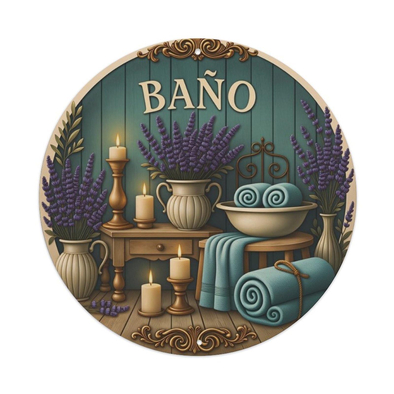 Lavender Vintage Bathroom Spanish Round Decor Sign Vintage Aluminium Metal Sign, Retro Wall Decor for Home, Bar, Garage & Farmhouse 20x20cm