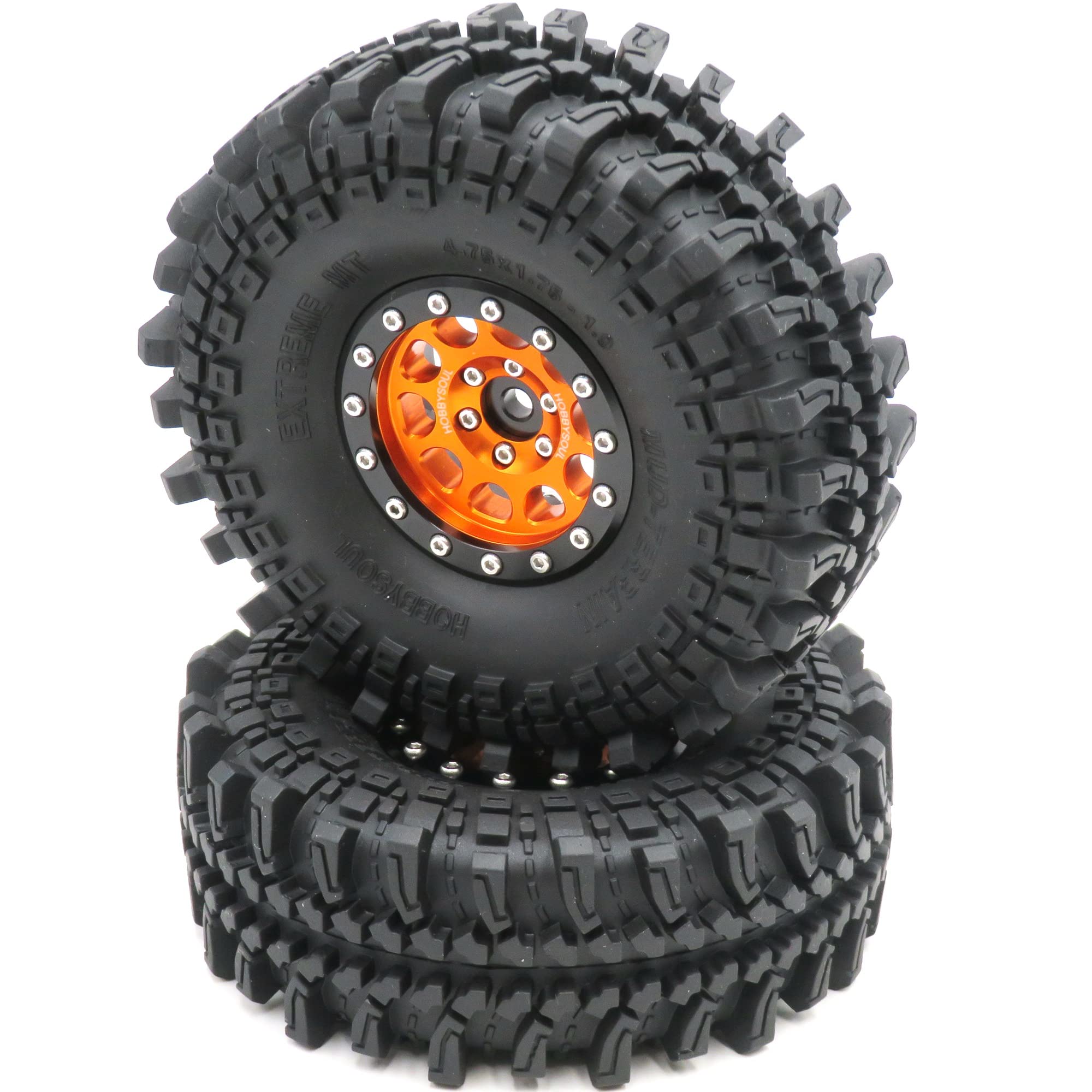 HOBBYSOUL 4 Stück RC 1,9 Schlamm Geländereifen Super Grip Soft Crawler LKW Reifen 121mm/4,75 Zoll & Aluminium 1,9 Beadlock Radfelge Sechskant 12mm Orange/Schwarz, (vormontiert)
