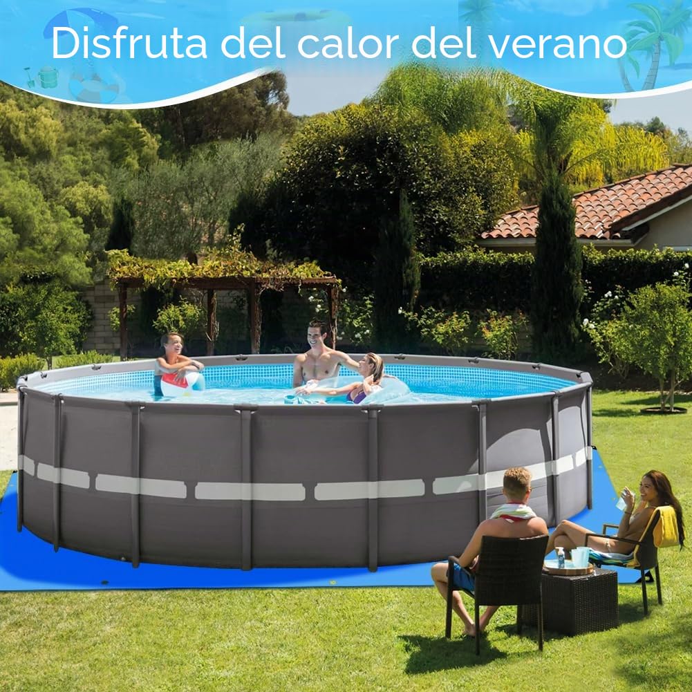 Roadtime Lona de suelo de piscina, 120 g/m², gruesa, cuadrada, con 4 ganchos y 20 m de cuerda de nailon, base de piscina con agujeros, lona impermeable y resistente a desgarros (4 x 4 m, azul)