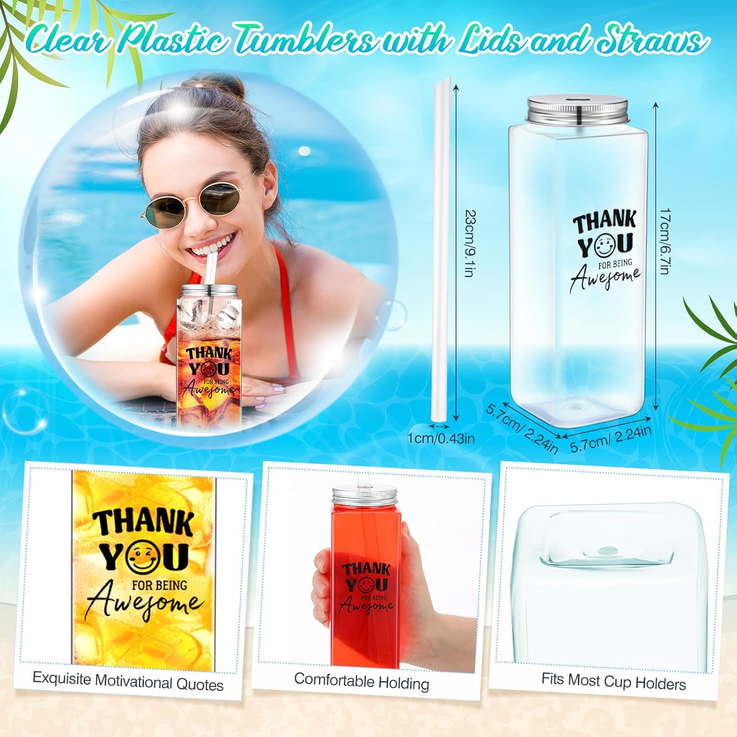 Skylety 24 Pcs Employee Thank You Gifts Bulk Plastic Cups 17 oz Fun Rectangular Large Cups Inspirational Thank You Gifts Reusable Acrylic Skinny Tumblers with Lid Straw for Team Staff Teacher Nurse - Image 2