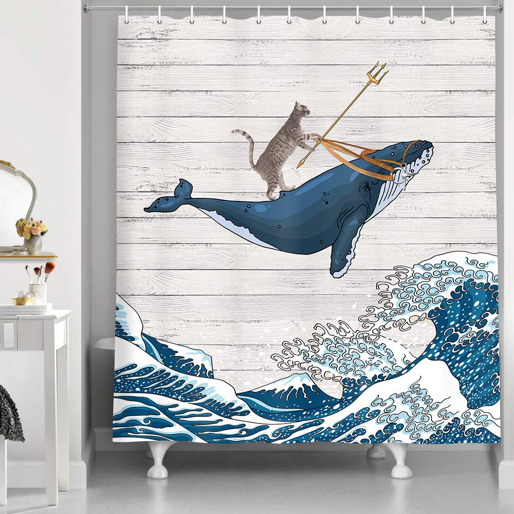 Nymb Multi Color Funny Cat Shower Curtain, Cat Riding Whale In Ocean Wave On Vintage Wooden Bathroom Curtains, Oriental Fabric Vintage Kanagawa Japanese Wave Art Shower Curtain For Bathroom, 69X70in