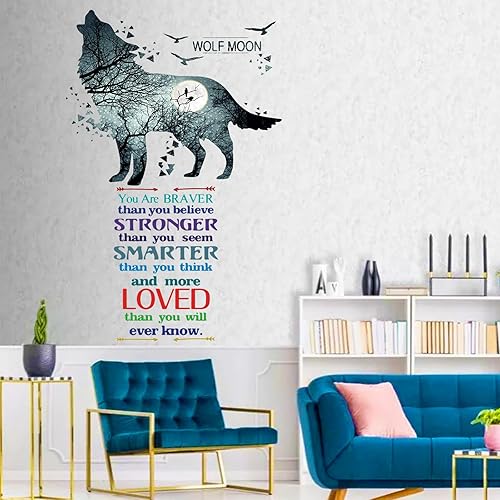 Miniatura 6 de AMODA Calcomanías de pared de lobo, adhesivo de pared motivacional para el hogar, calcomanías murales positivas para dormitorio, sala de estar,