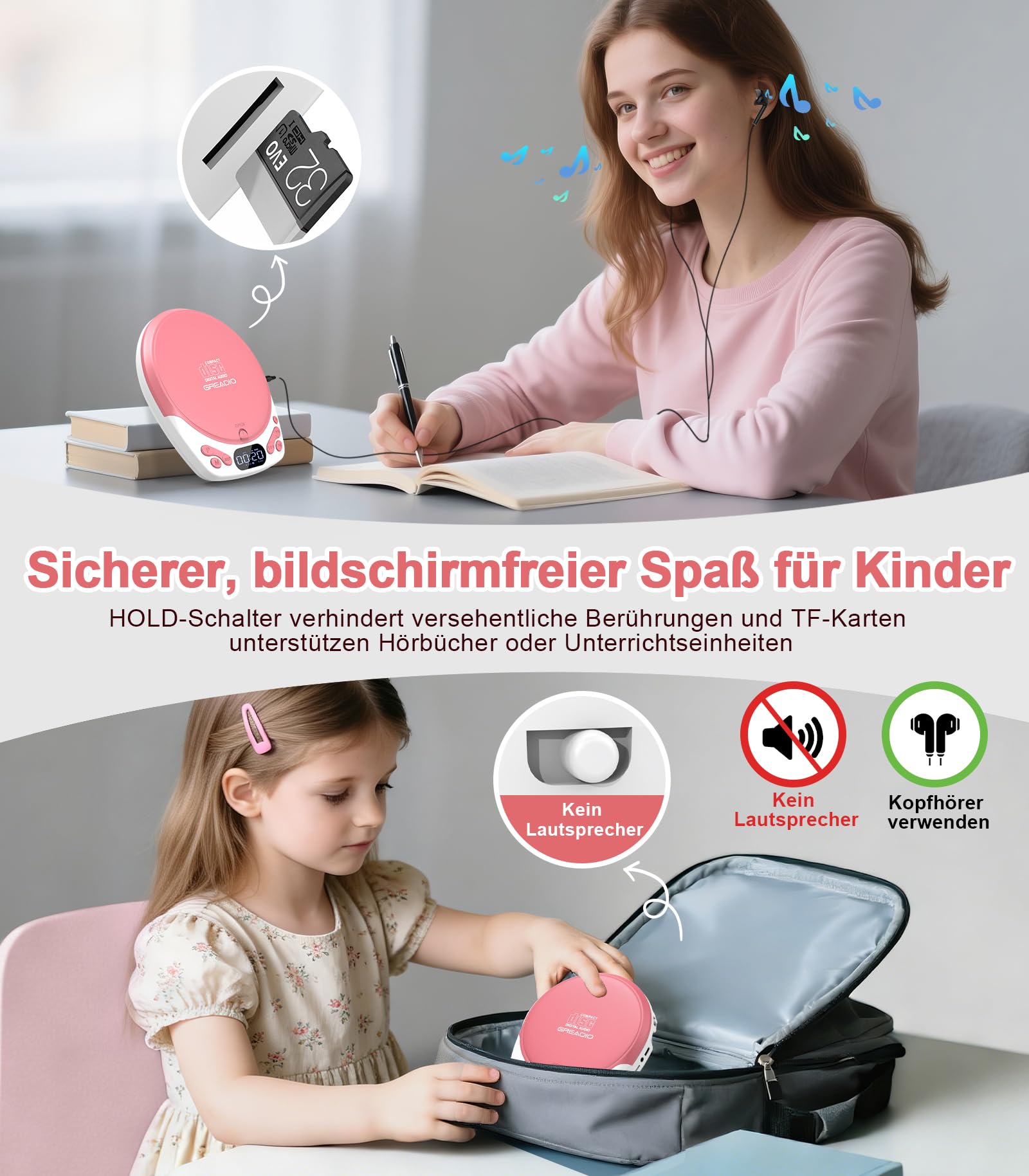 Greadio Lecteur CD portable avec casque - Lecteur CD rechargeable pour voiture et maison - Lecteur CD Walkman avec fonction anti-glisse - Prend en charge CD/MP3/WMA/TF/AUX/verrouillage (rose)