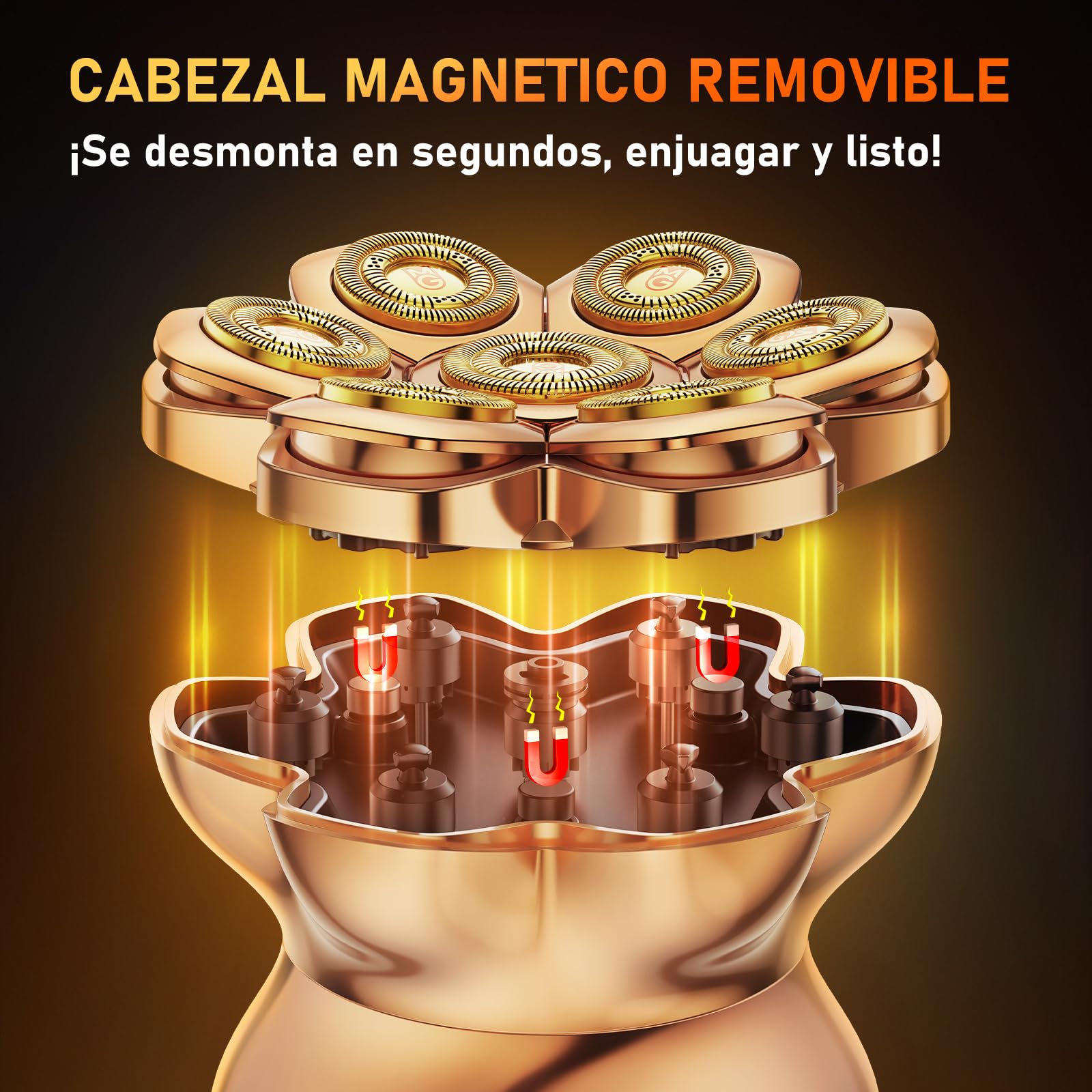 MAXGROOM Afeitadora Cabeza Hombre PRO, Maquina Afeitar Hombre, Afeitadora para Calva en Seco y Húmedo, 140 Mins de Uso, 7 Cabezales, Magnético, 100% impermeable, Dorado