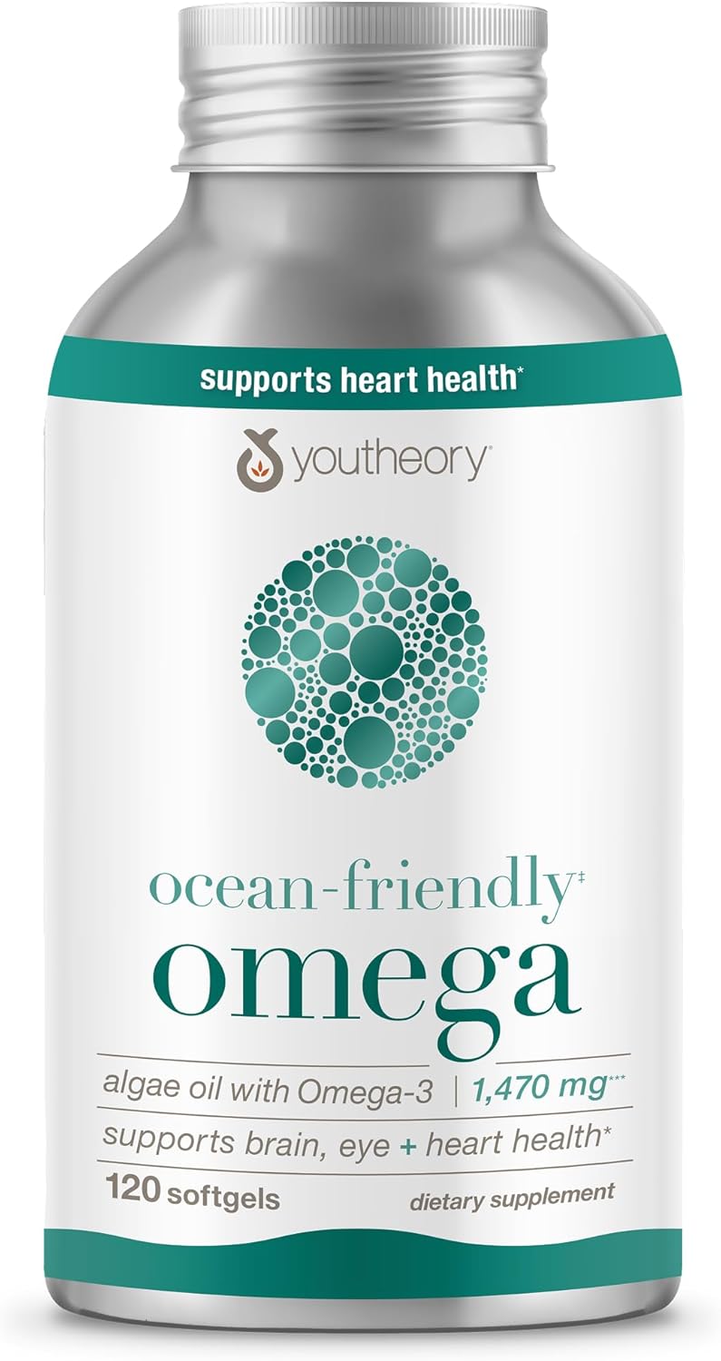 Youtheory Ocean-Friendly Omega - Vegan Algae Omega 3 Softgel - with EPA & DHA - Heart, Eye & Brain Health - Recyclable Aluminum Container - Gluten, Soy & Dairy Free - 120 Softgels