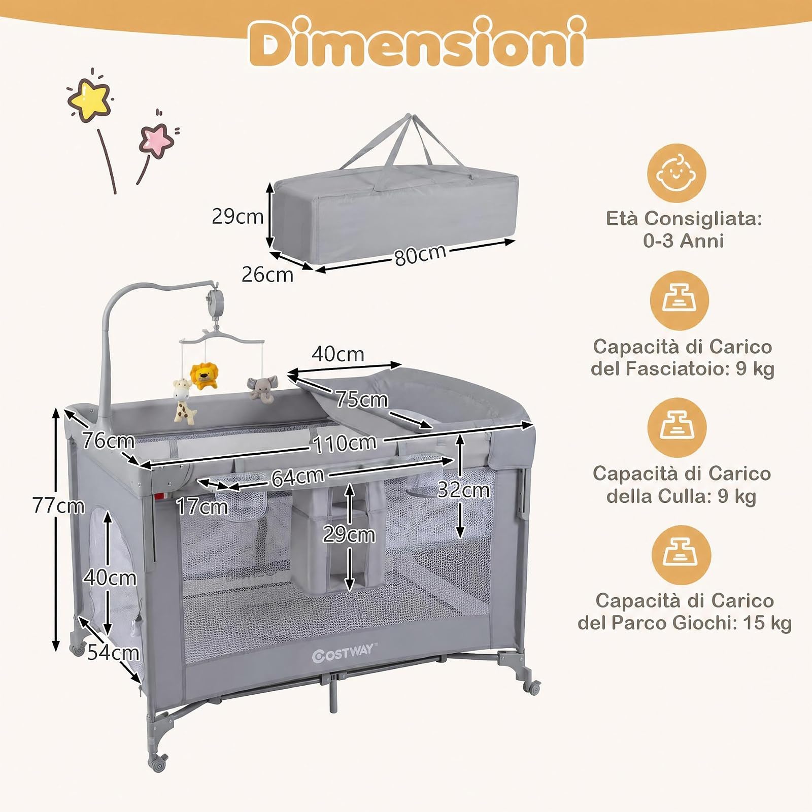 COSTWAY 5 in 1 Culla Co-sleeping Pieghevole per Neonato con Ruote (Grigio) | Lettino da Affiancare Portatile con Fasciatoio, Meterasso, Giocattoli e Carillon, Altezza Regolabile, per Bambini 0-3 Anni