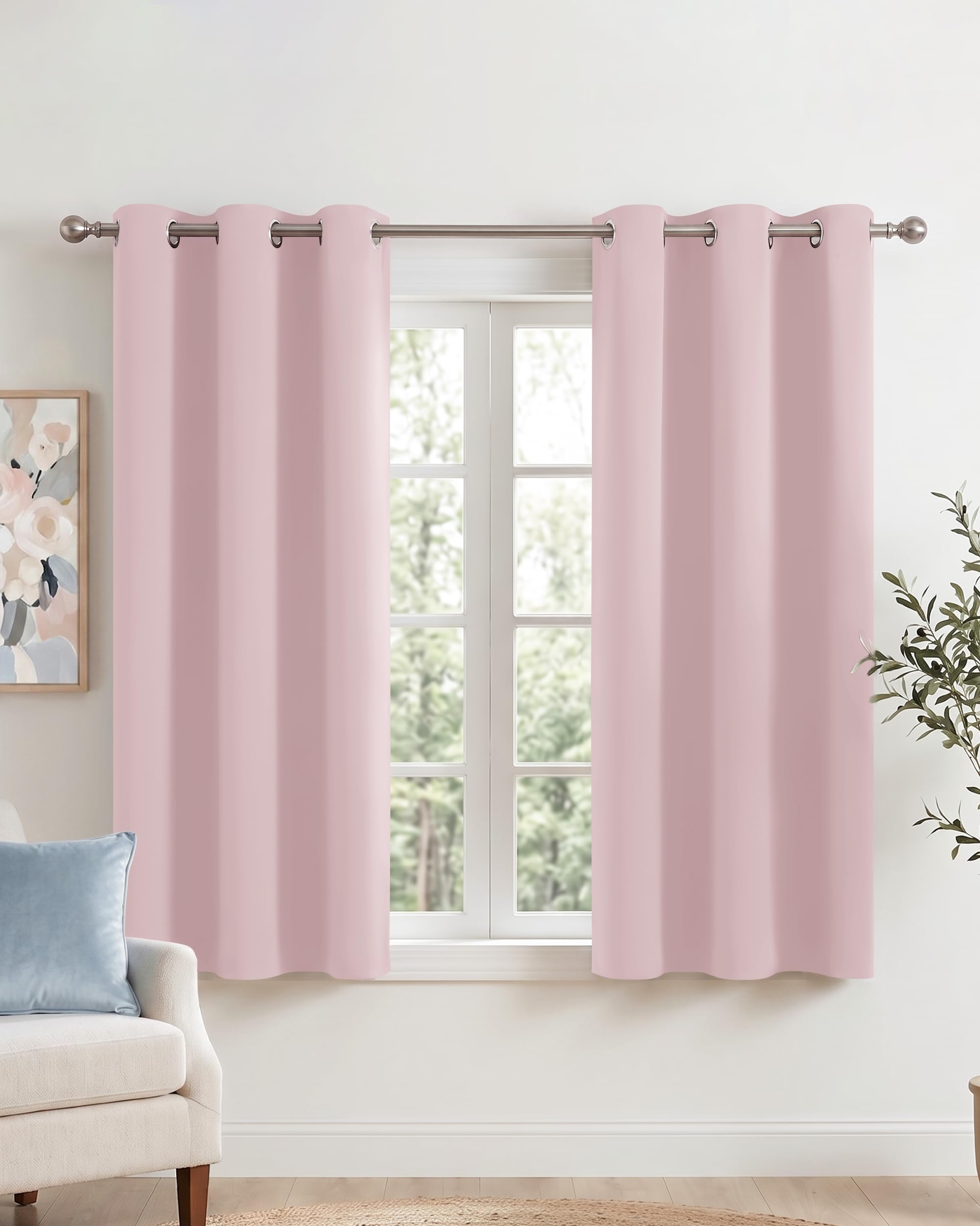 PONY DANCE Short Eyelet Blackout Curtains Pink, Thermal Insulated Room Darkening Drapes for Nursery & Kids Room, Classic Energy Saving Privacy Design, 2 Panels W42 xL45