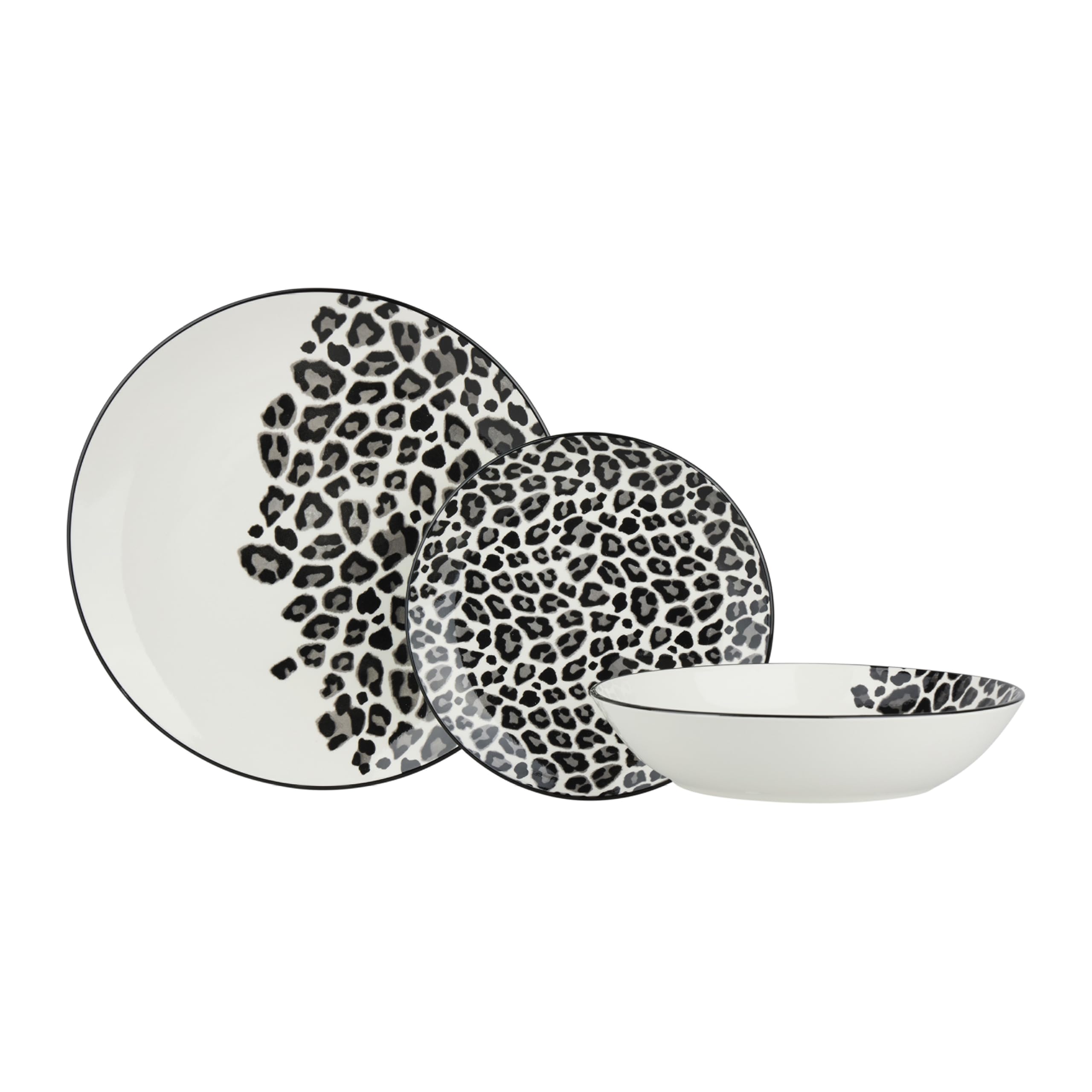 Delys 546151 Tafelservice aus Porzellan, 18-teilig, für 6 Personen, flache Teller, Suppenteller, Dessertteller, Farbe: Schwarz, Motiv Leopard
