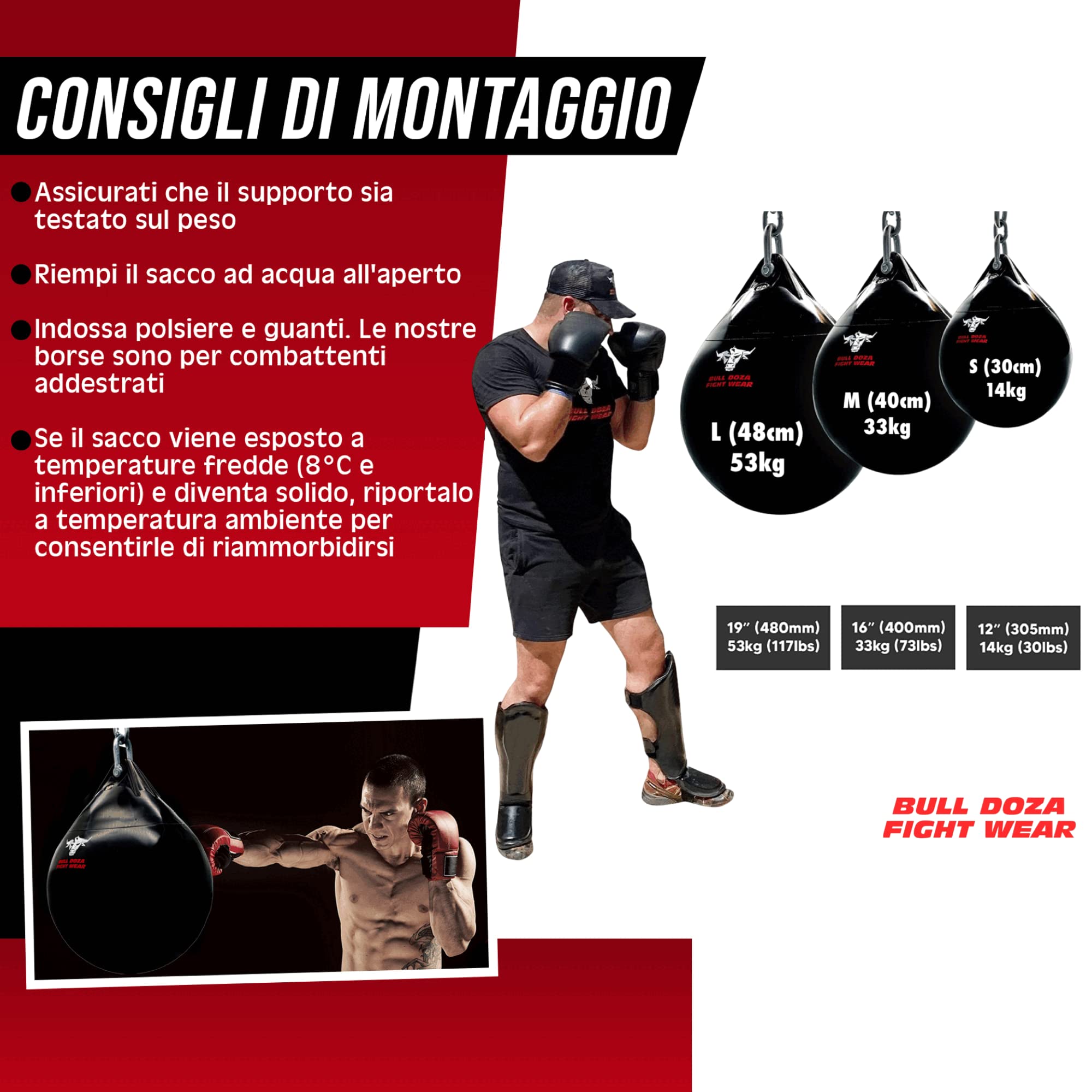 Bull Doza Fight Wear Sacco da boxe ad acqua - Resistente - Impermeabile - Tre dimensioni
