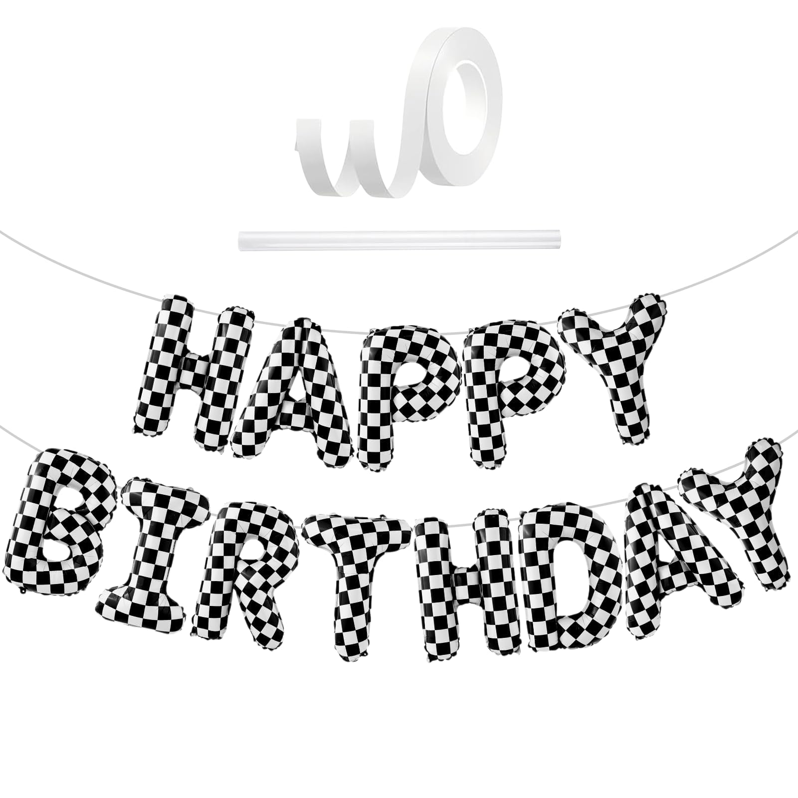 Happy Birthday Balloons Banner Black and White Grid, 16 Inch Happy Birthday Letter Balloons, Black and White Grid Balloon Banner Decorations, Party Supplies Decorations For Kids Girls Boys