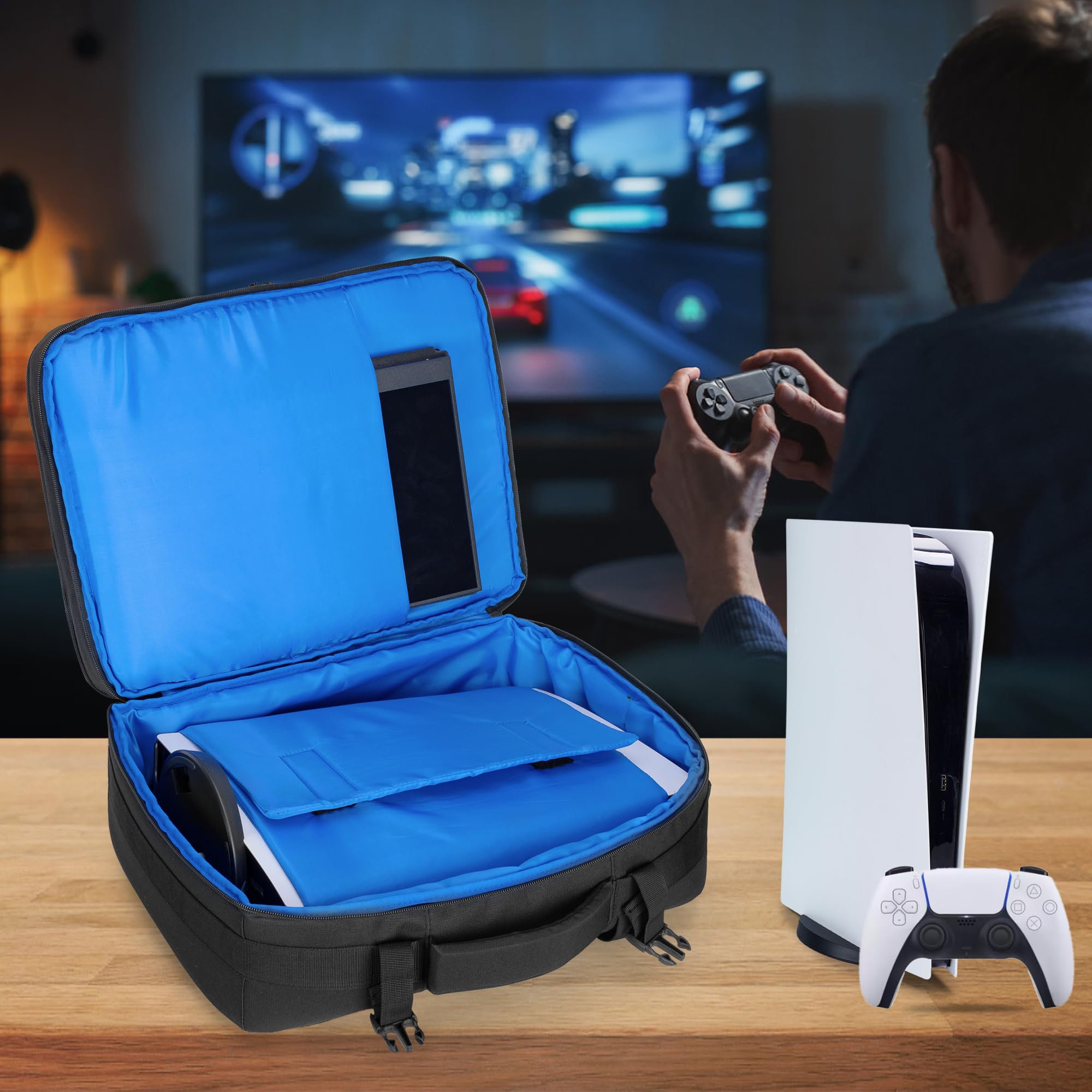 PGmoon Zaino da viaggio compatibile con console PS5/PS5 Slim/PS5 Pro | Custodia protettiva per controller, laptop da 15,6", dischi di gioco (design brevettato)
